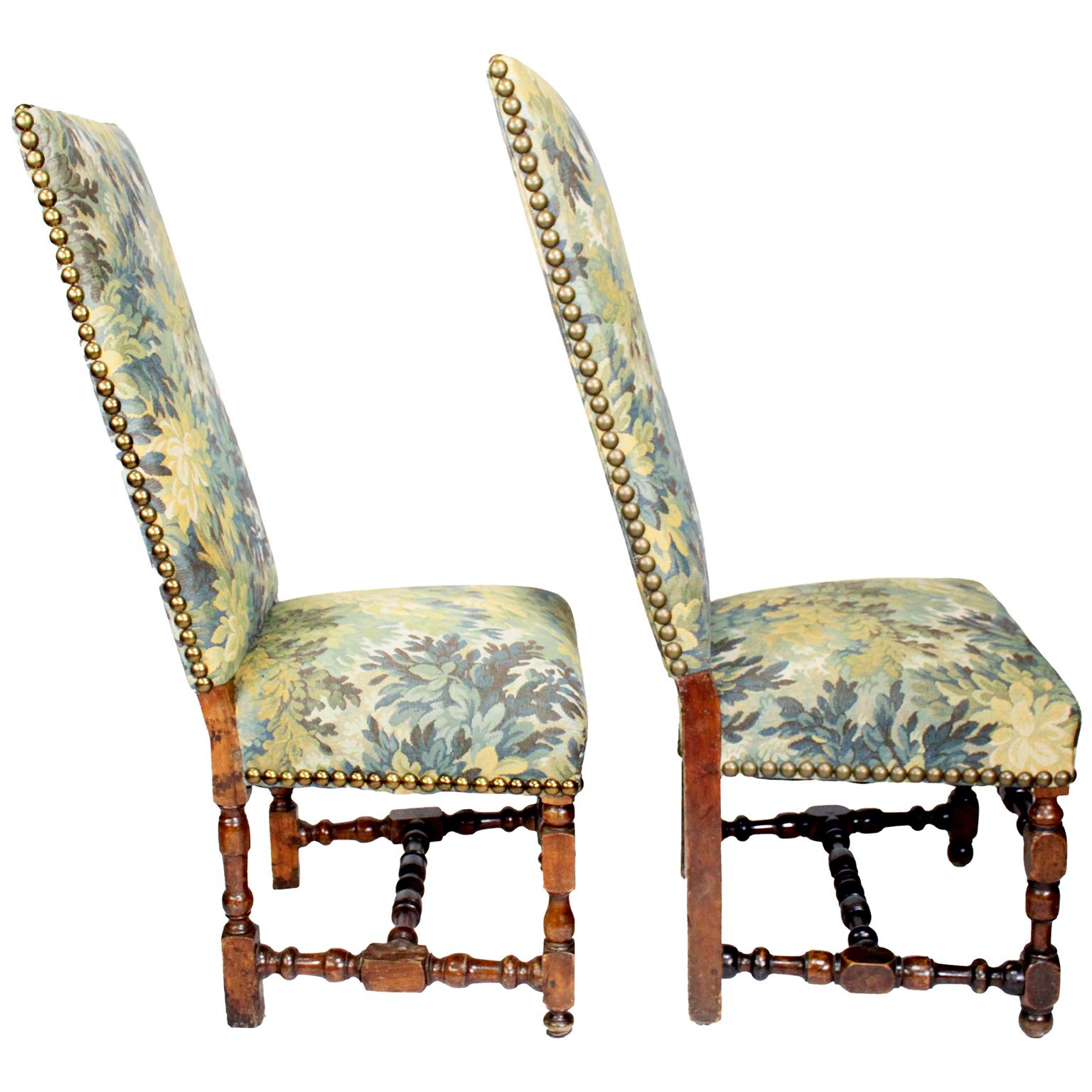 4 French 19th-20th Century Baroque Walnut Carved & Verdure Tapestry Side-Chairs 4