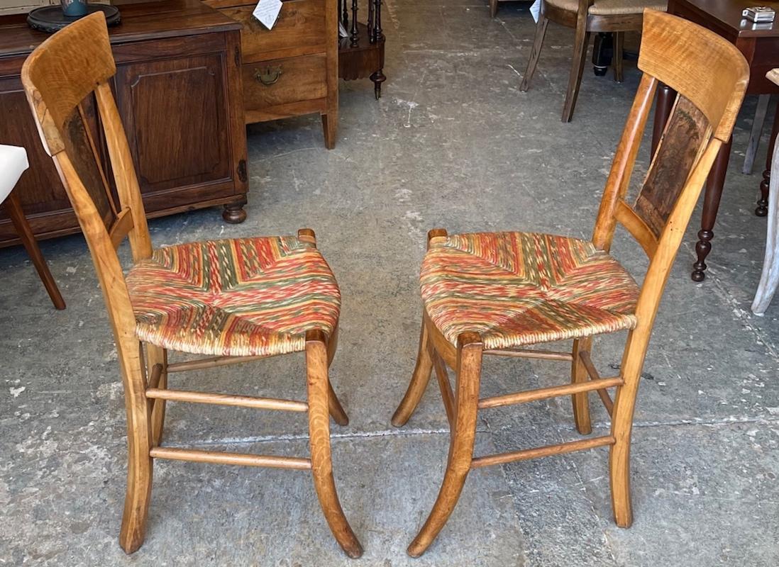 2 French 19th Century Fruitwood Les Incas Side Chairs with Original Rush Seats For Sale 4