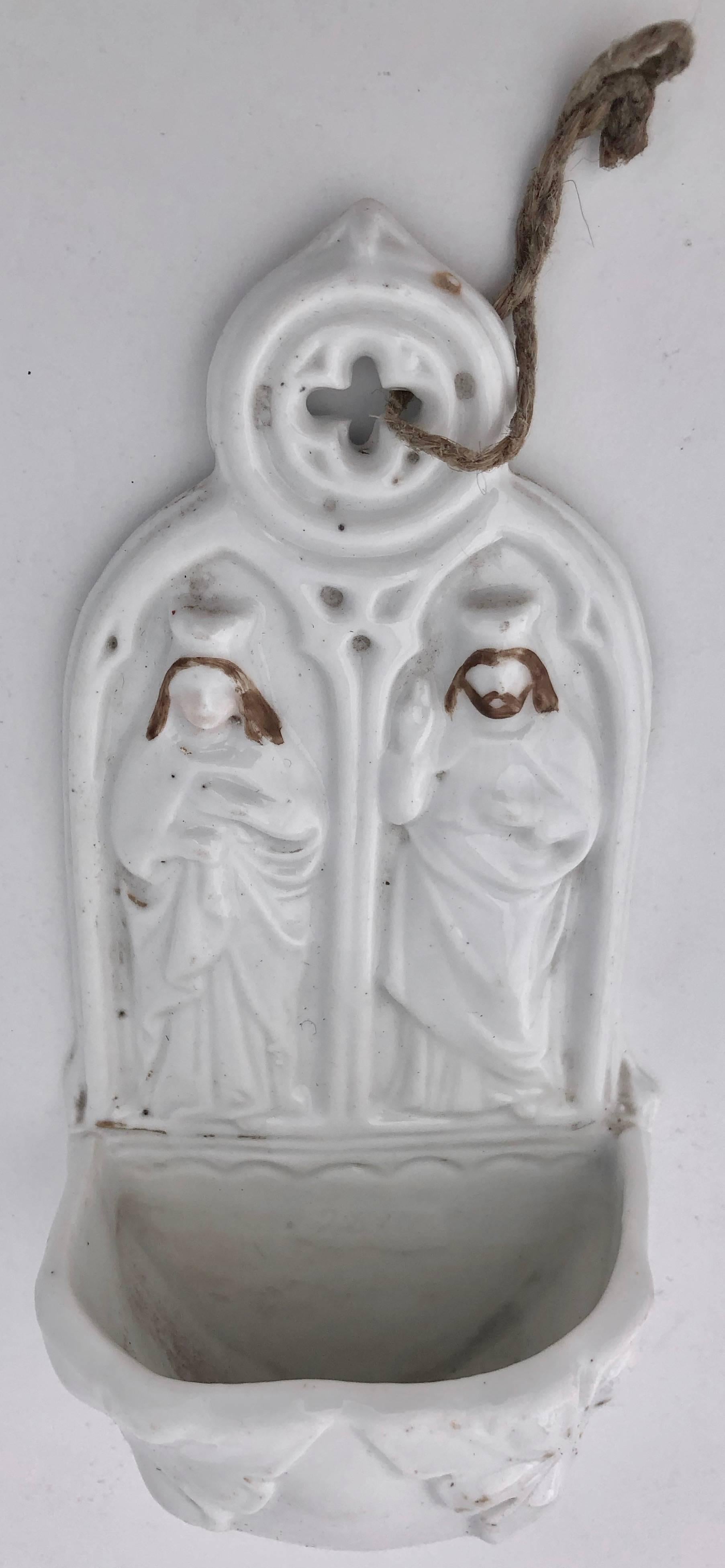 20th Century 4 French Antique White Porcelain Holy Water Fonts with Crucifixes For Sale