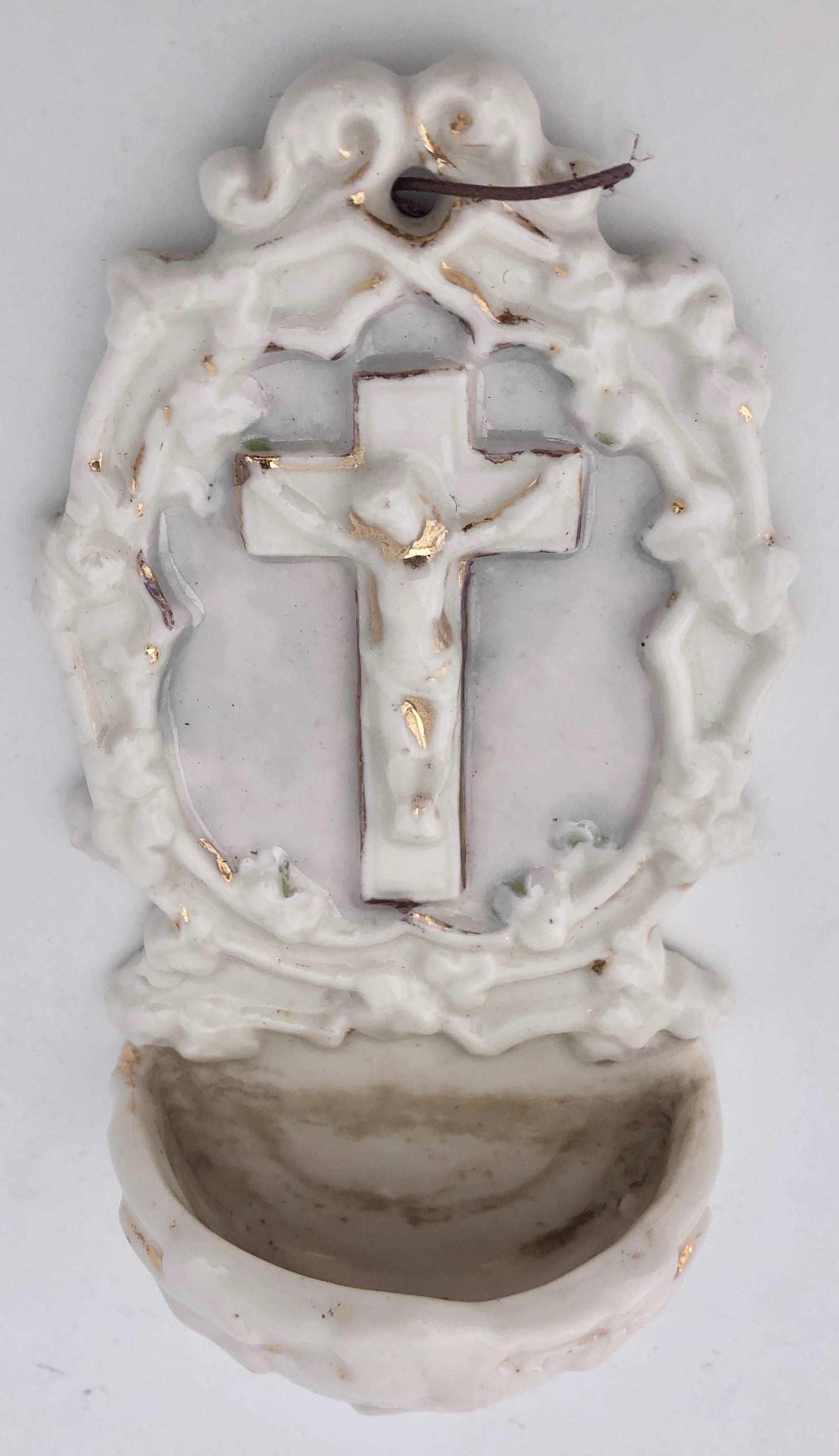 4 French Antique White Porcelain Holy Water Fonts with Crucifixes For Sale 1