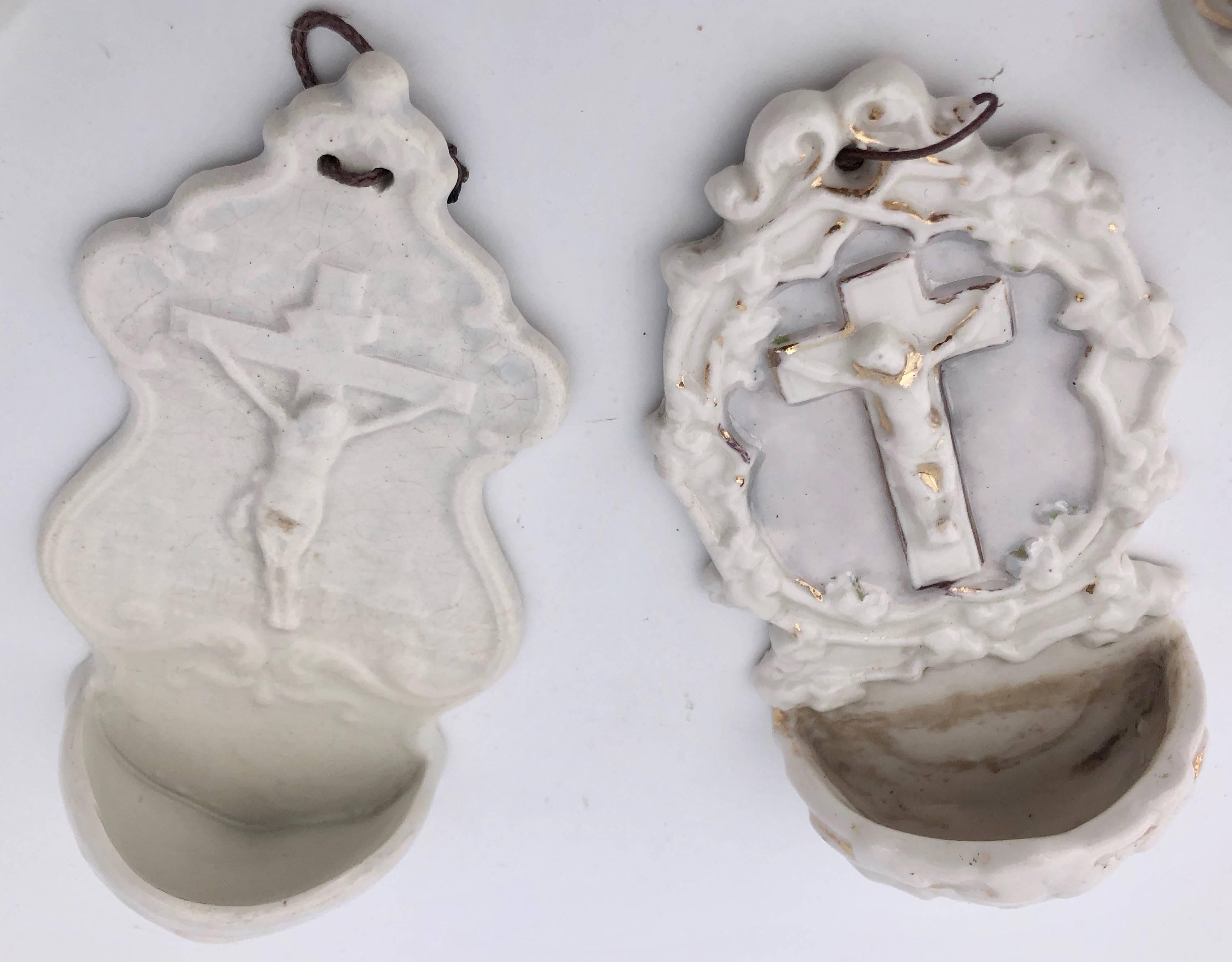 4 French Antique White Porcelain Holy Water Fonts with Crucifixes For Sale 2