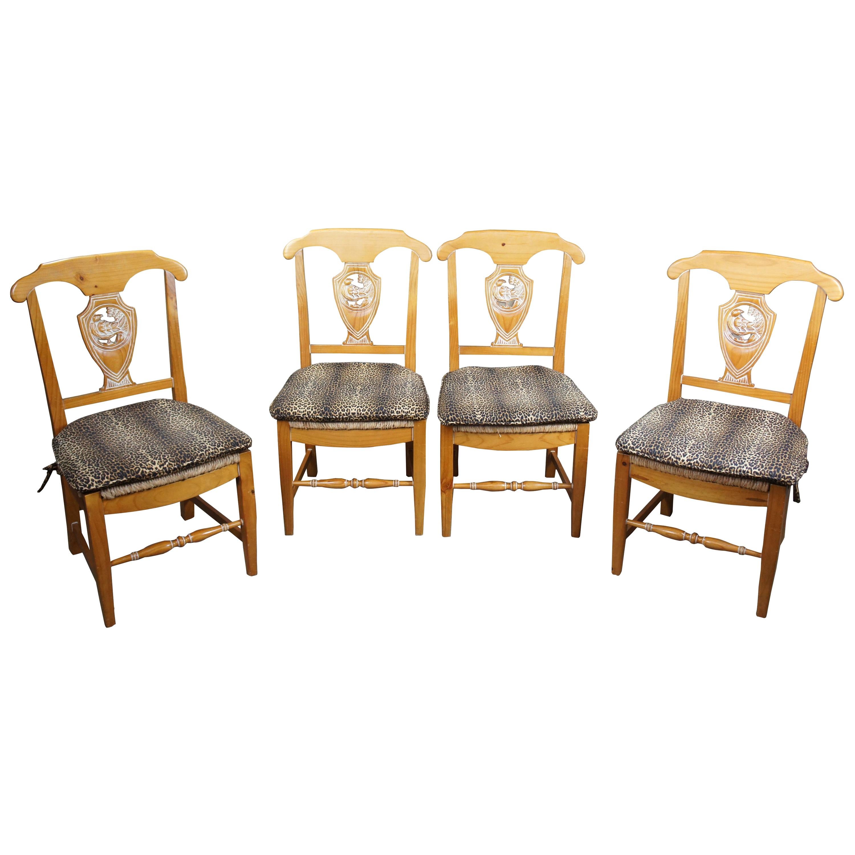 4 French Country Rustic Pine Leopard and Rush Seat Farmhouse Side Dining Chairs