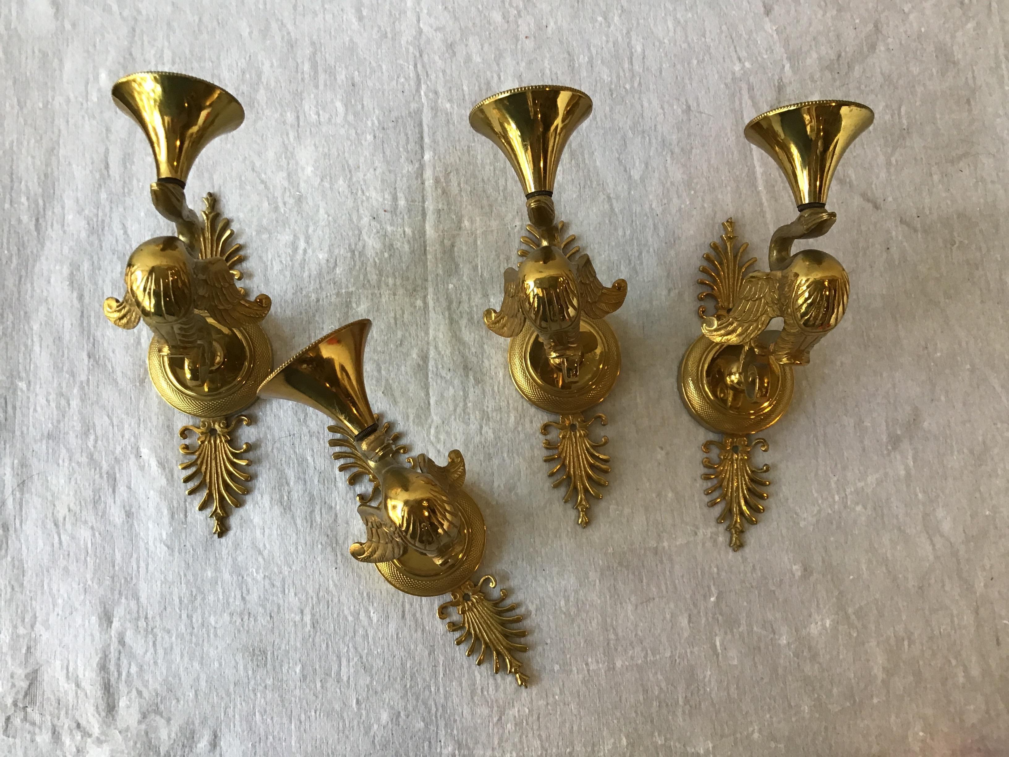 One pair of French Empire bronze swan sconces, 1950s. You are buying just one pair.