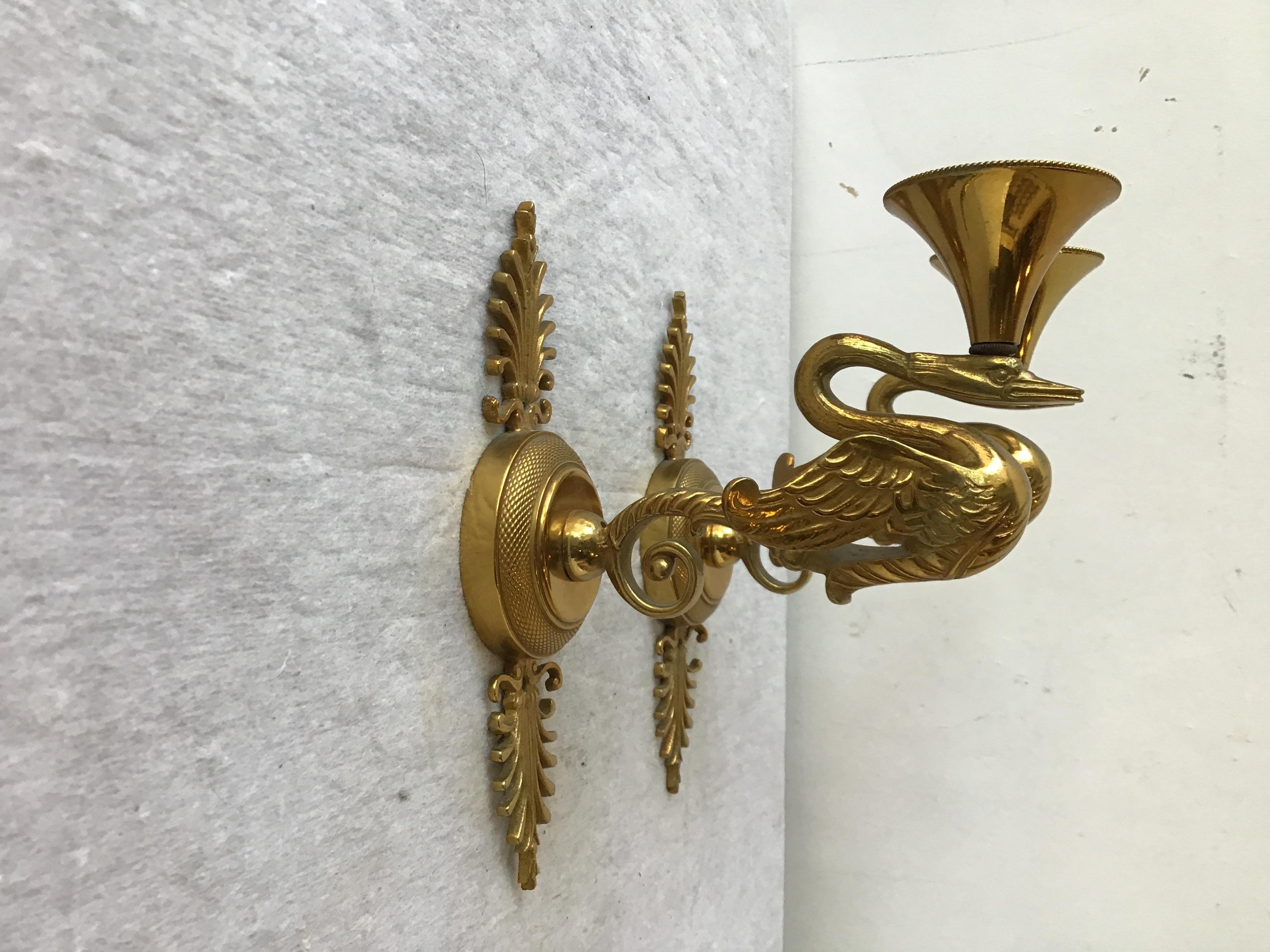 Pair Of French Empire Bronze Swan Sconces In Good Condition For Sale In Tarrytown, NY