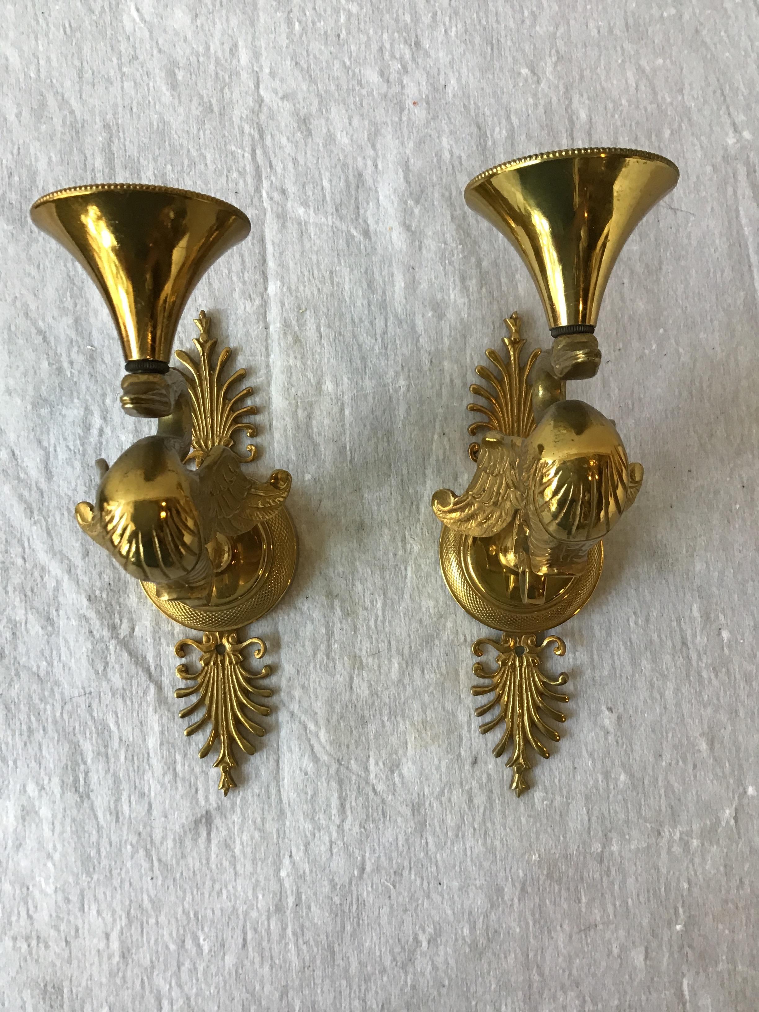 Mid-20th Century Pair Of French Empire Bronze Swan Sconces For Sale