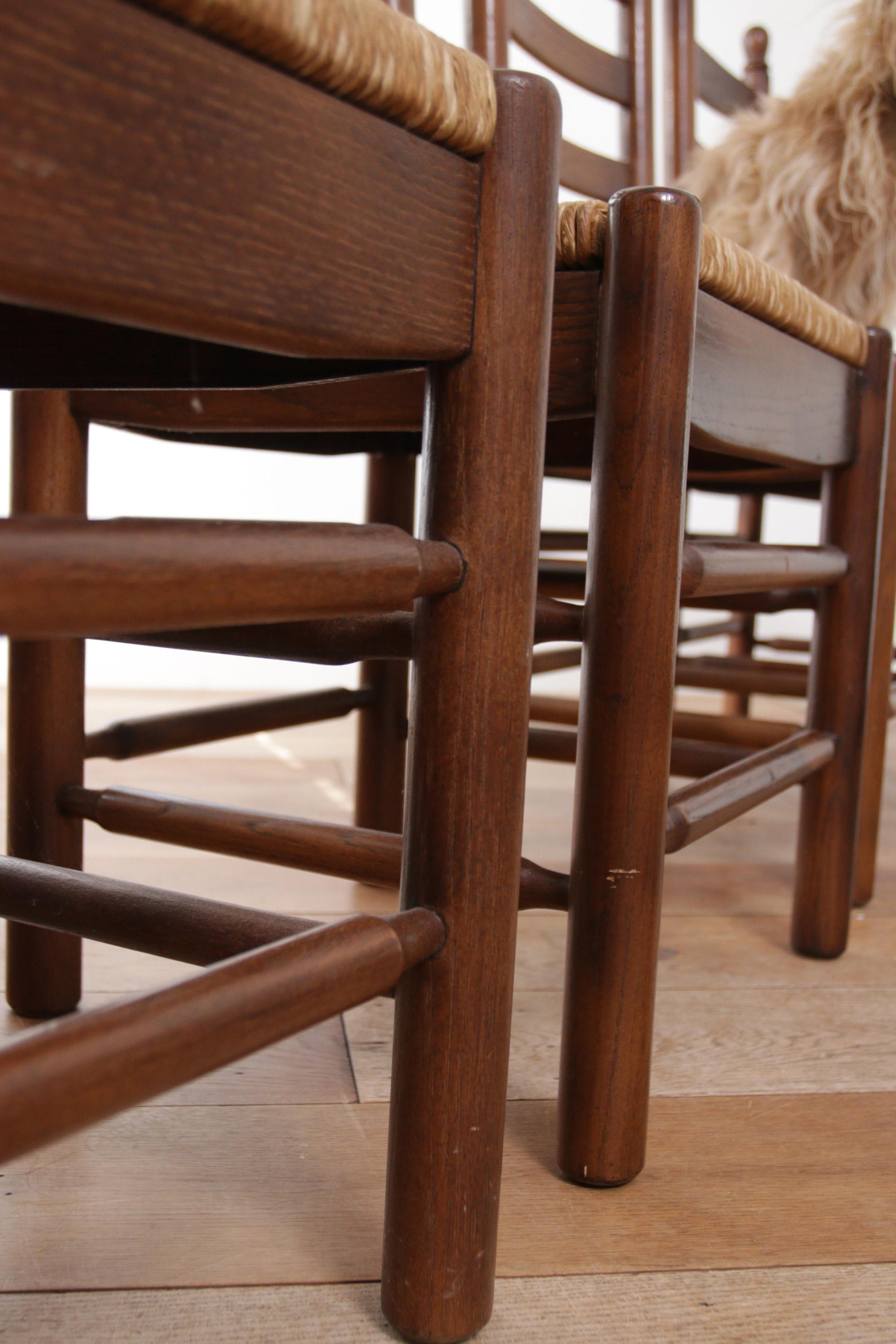 4 French Ladder Back Oak Rush Seat Dining Chairs For Sale 1