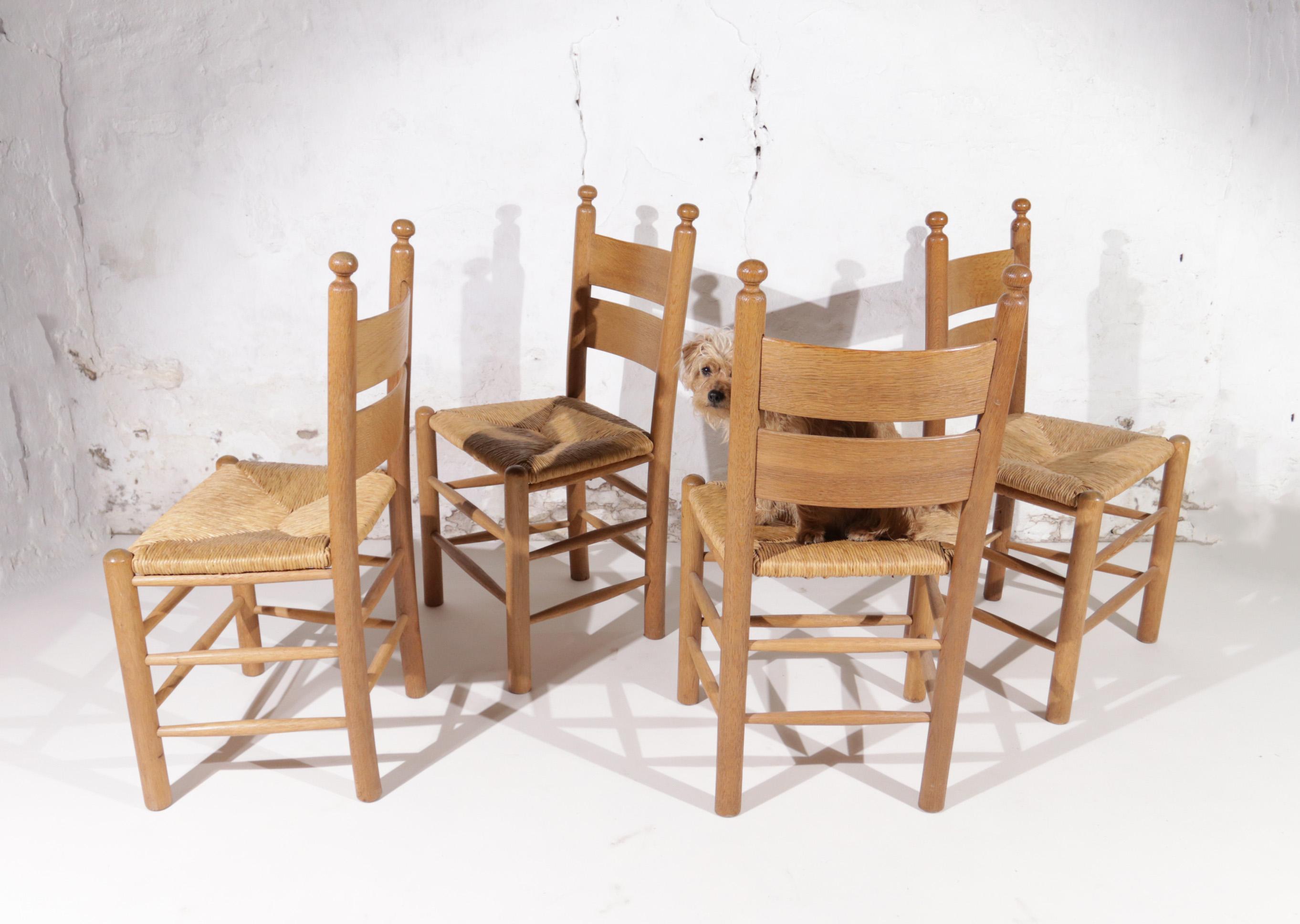 4 French Ladder Back Oak Rush Seat Dining Chairs 5