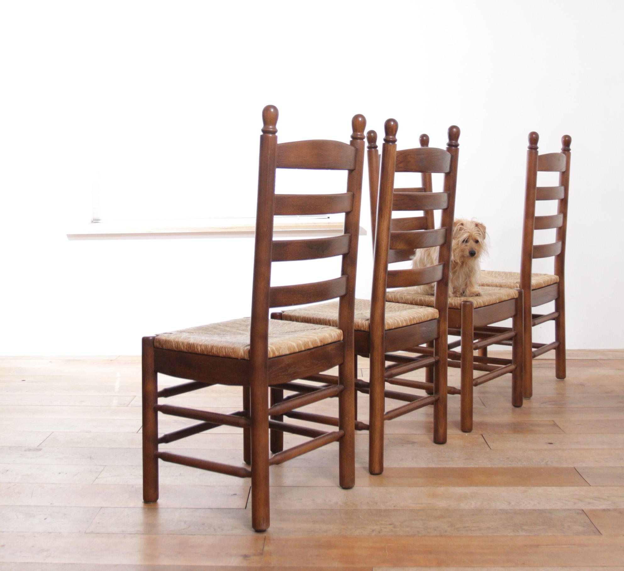 4 French Ladder Back Oak Rush Seat Dining Chairs For Sale 3
