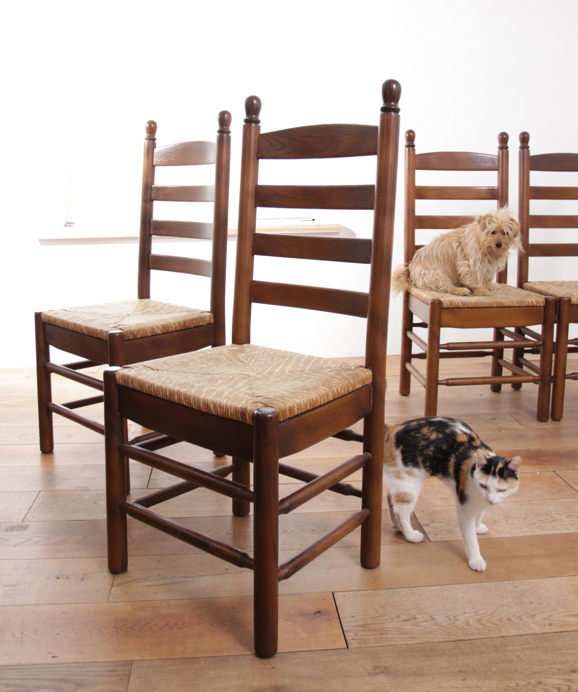 4 French Ladder Back Oak Rush Seat Dining Chairs For Sale 6