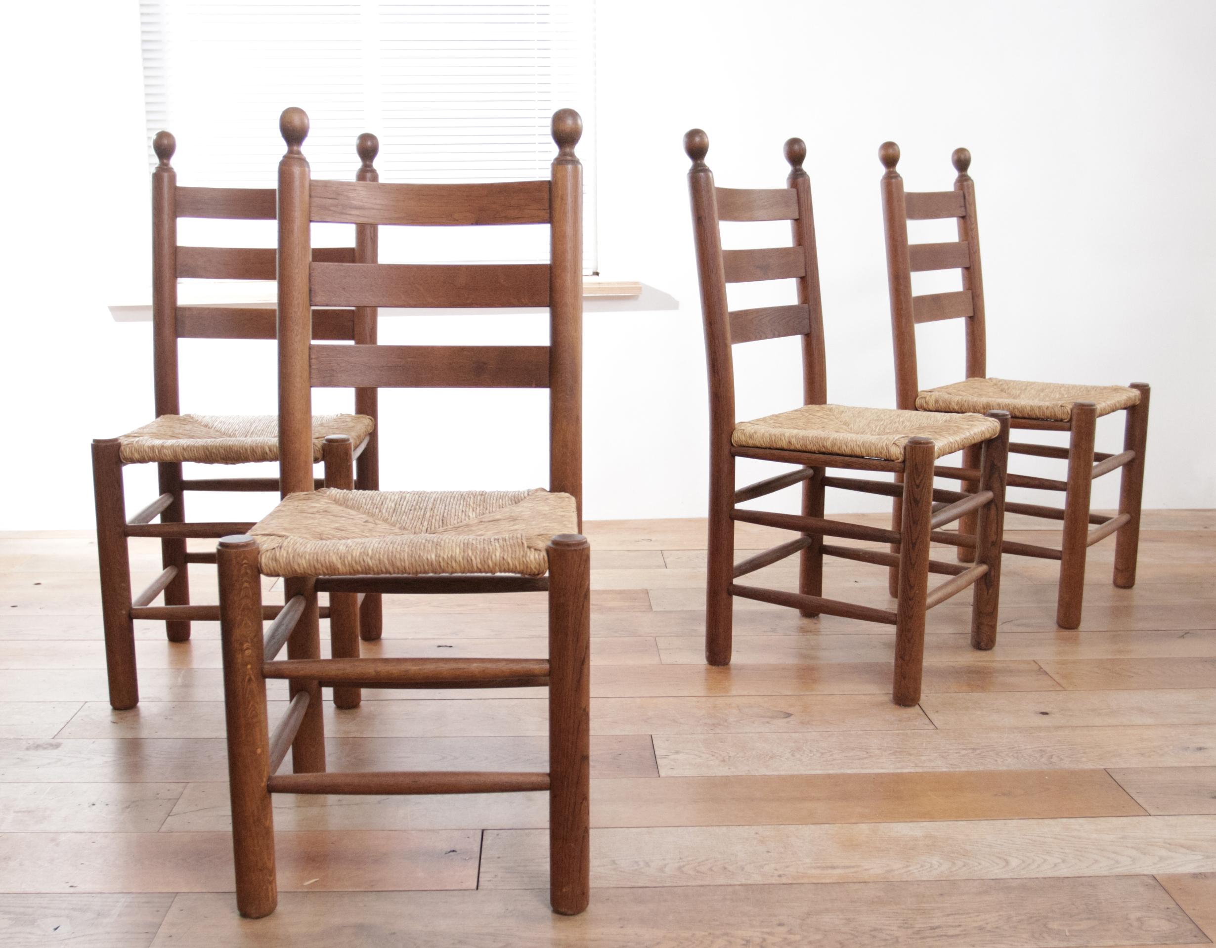 Hand-Woven 4 French Ladder Back Oak Rush Seat Dining Chairs