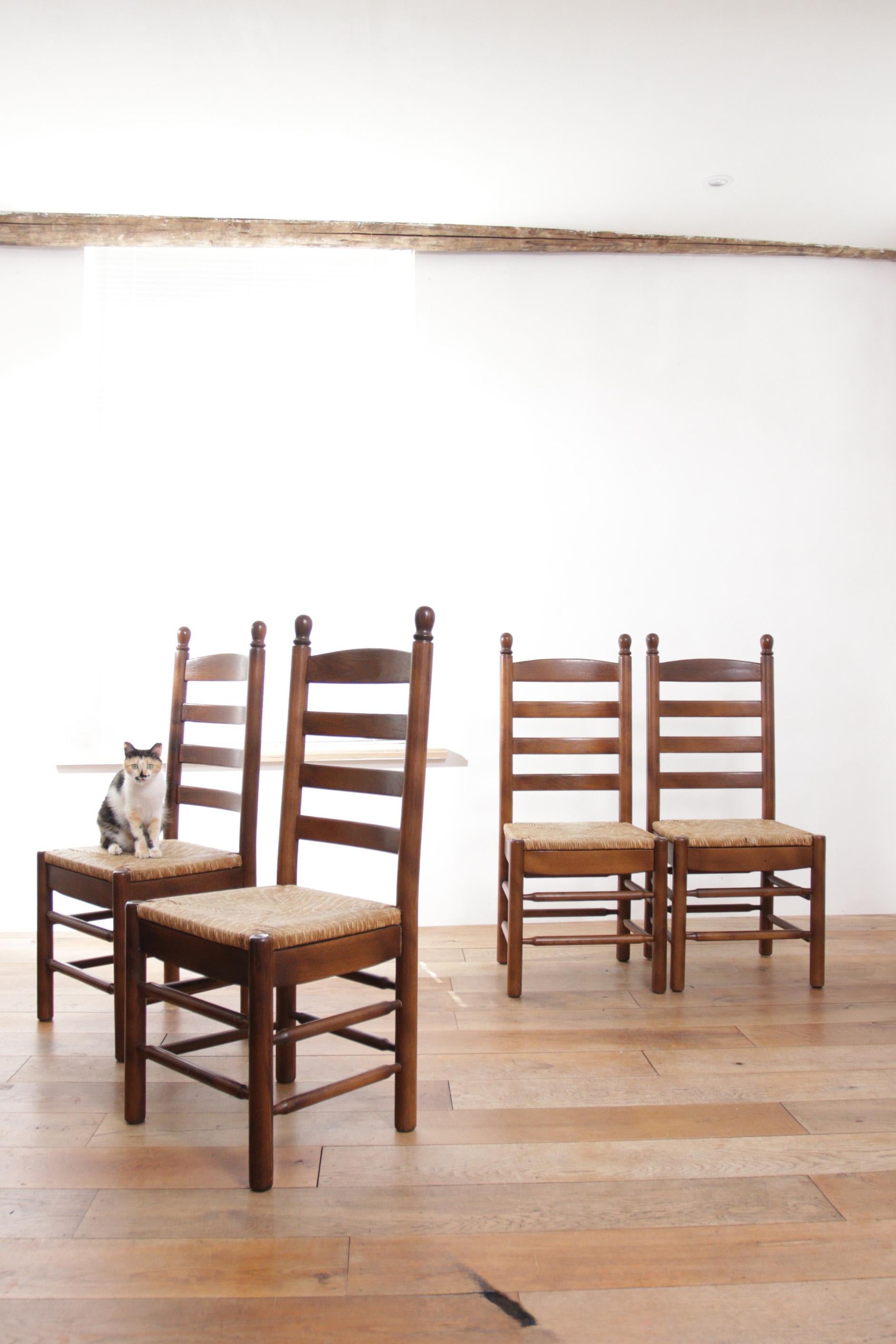 Hand-Woven 4 French Ladder Back Oak Rush Seat Dining Chairs For Sale