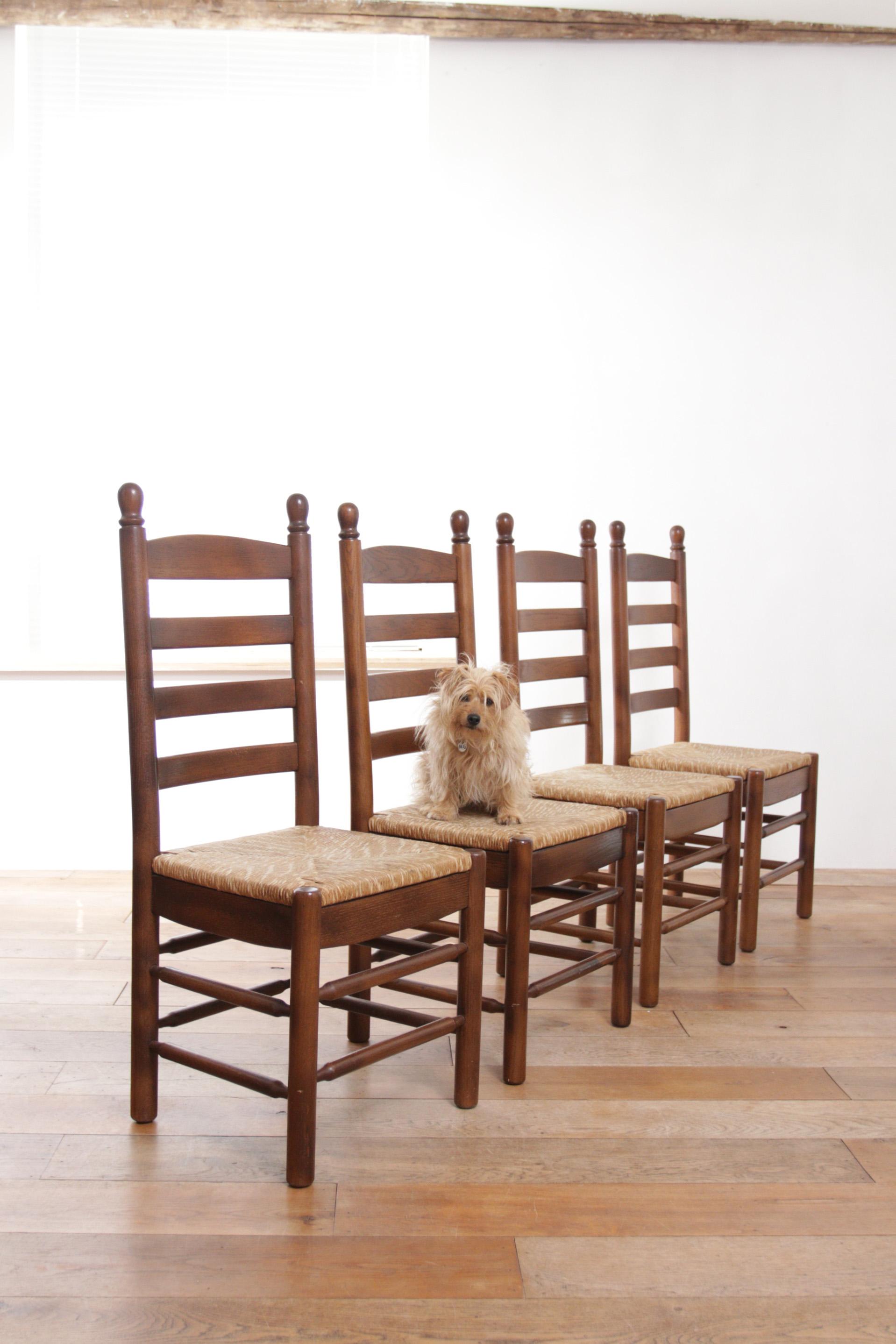Hand-Woven 4 French Ladder Back Oak Rush Seat Dining Chairs For Sale