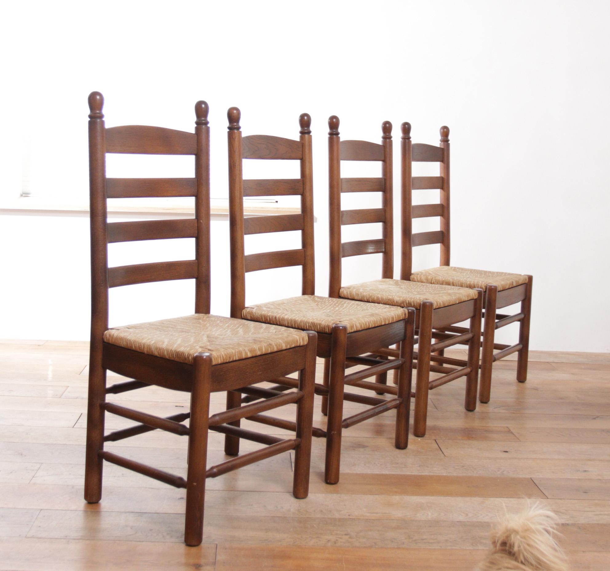 Late 20th Century 4 French Ladder Back Oak Rush Seat Dining Chairs For Sale