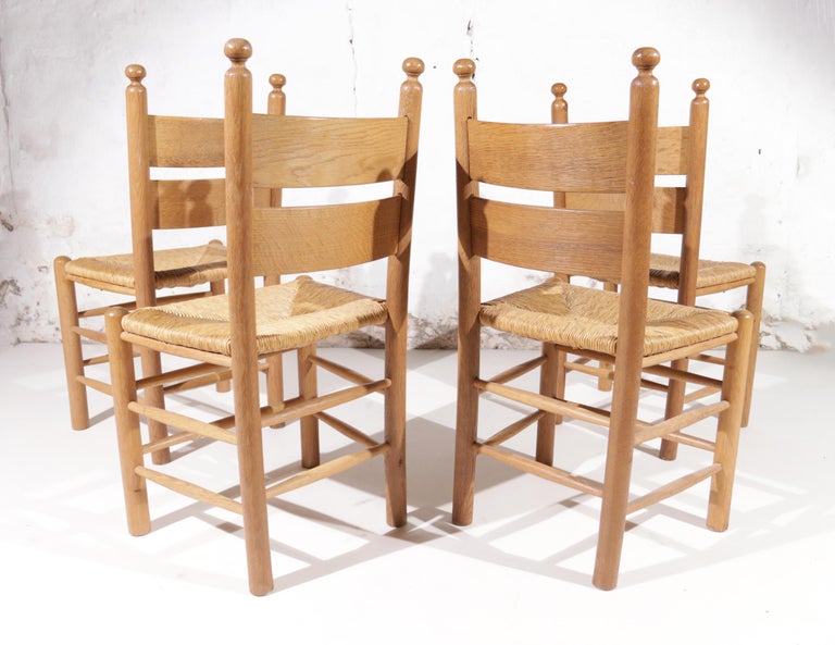 4 French Ladder Back Oak Rush Seat Dining Chairs 4