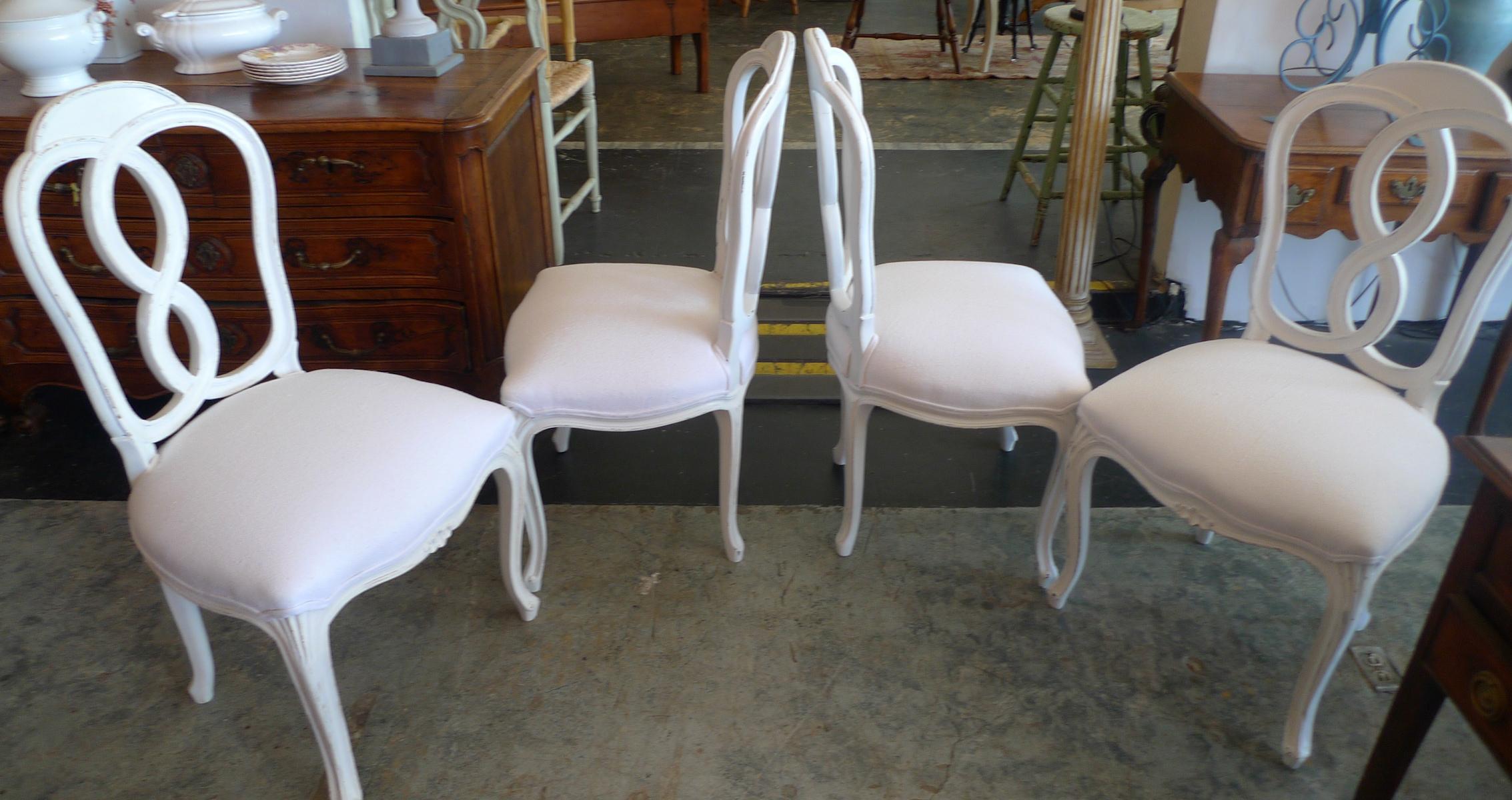 20th Century 4 French Louis XV Style Painted Dining Chairs Reupholstered with Vintage Fabric