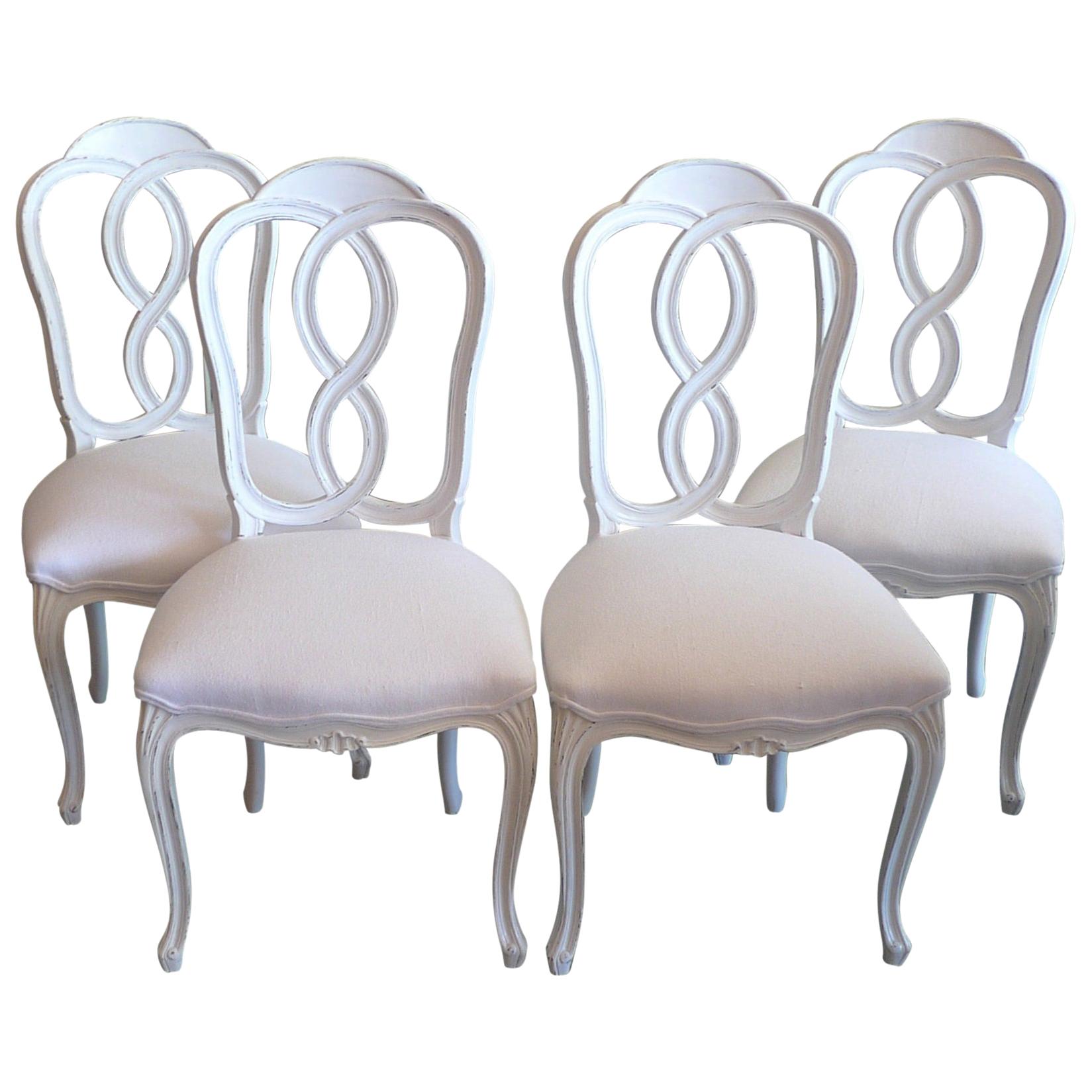 4 French Louis XV Style Painted Dining Chairs Reupholstered with Vintage Fabric