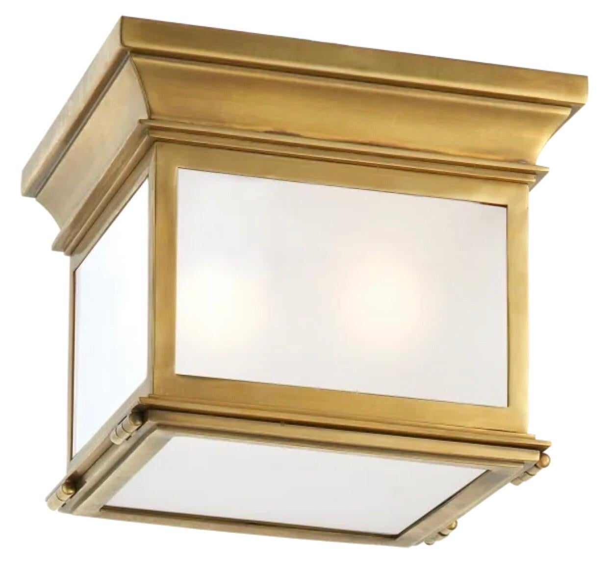 4 French Mid-Century Modern Neoclassical Style sober, antiqued brass flush mount fixtures in a square form with frosted glass panels. Timeless and elegant. UL wired. Priced and Sold Individually. 

The pieces can be customized with a bronze finish