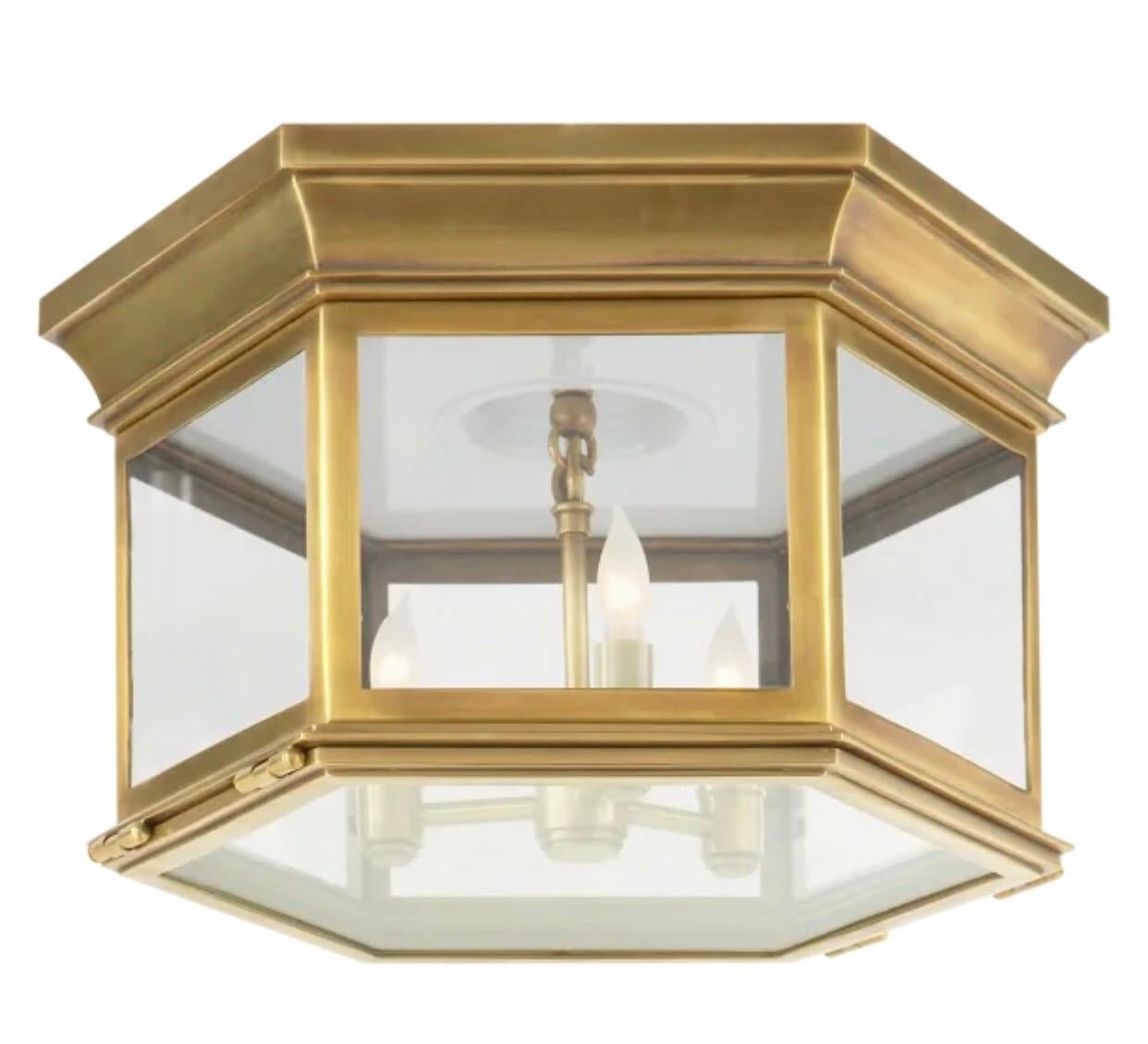 Frosted 4 French Mid-Century Modern Style Brass Hexagonal Flush Mounts, Jacques Quinet For Sale