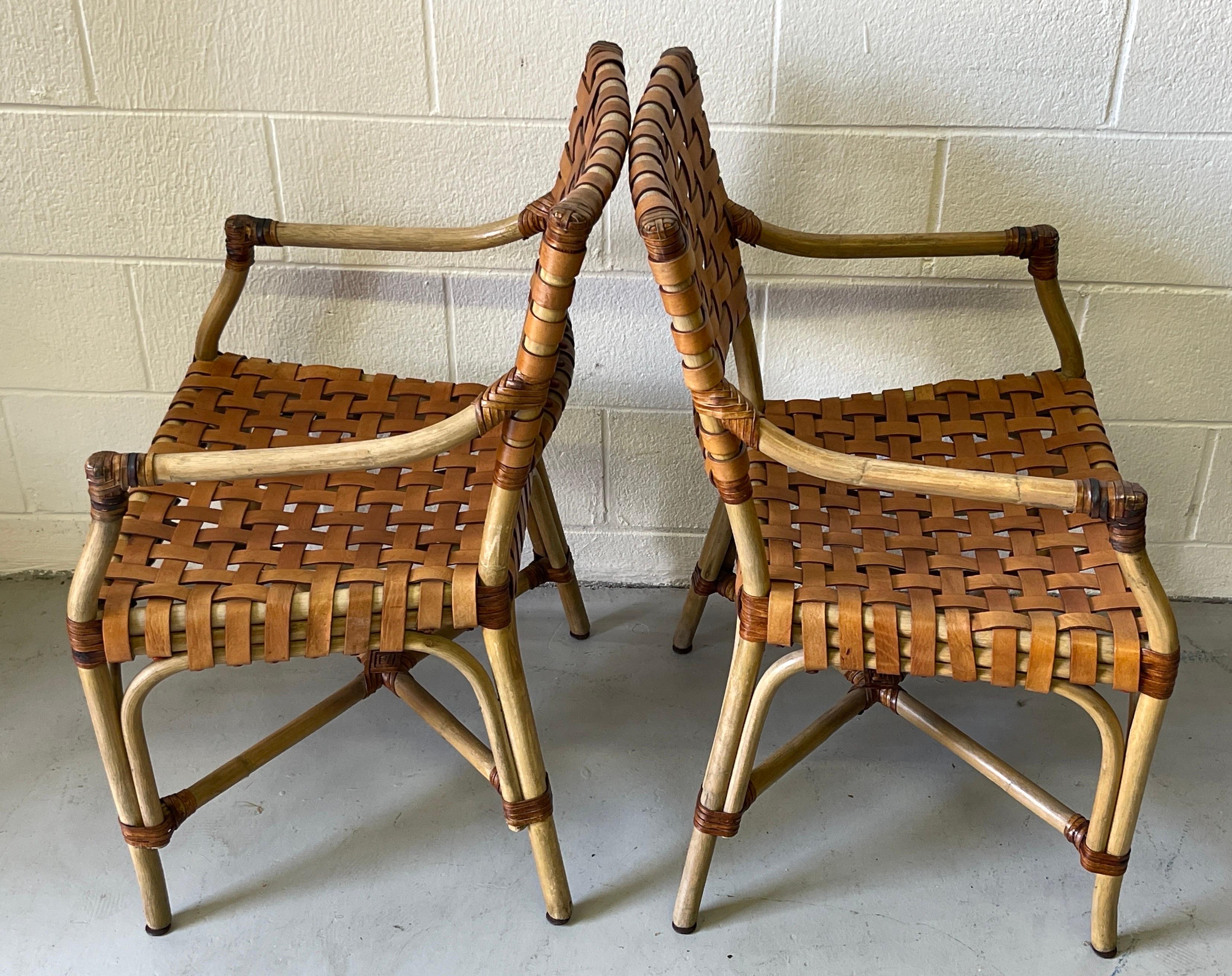 4 French Modern Bleached Bamboo & Woven Saddle Leather Armchairs For Sale 9