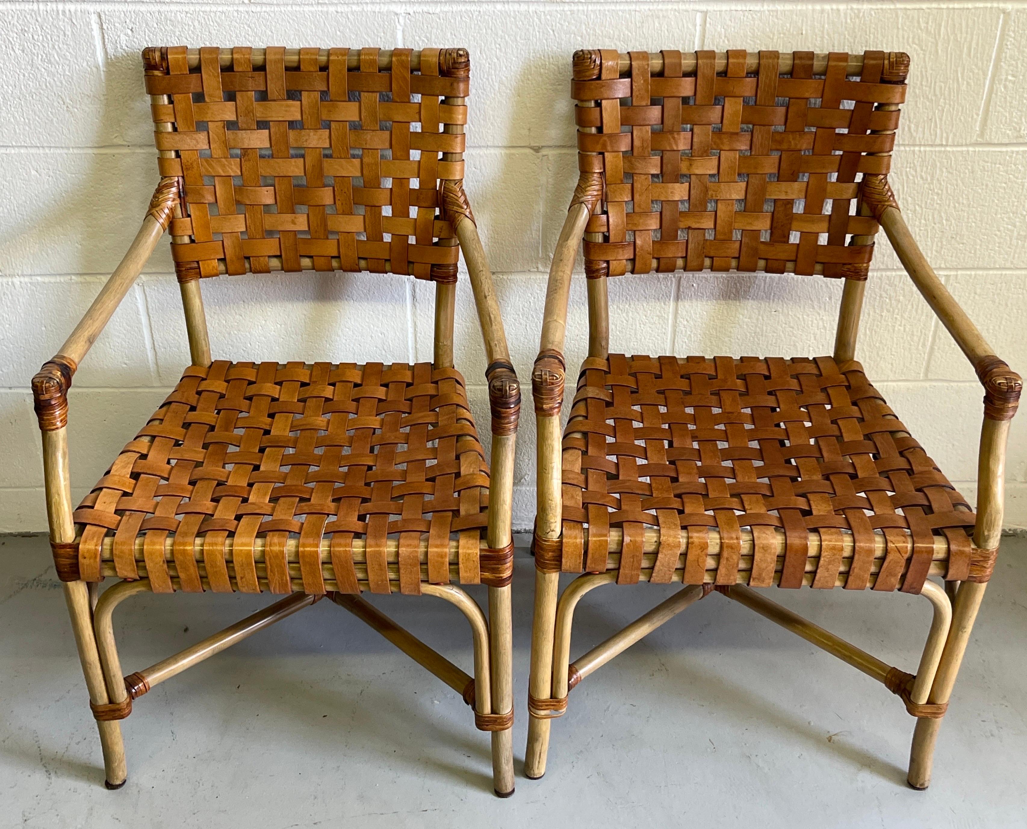 4 French Modern Bleached Bamboo & Woven Saddle Leather Armchairs For Sale 11