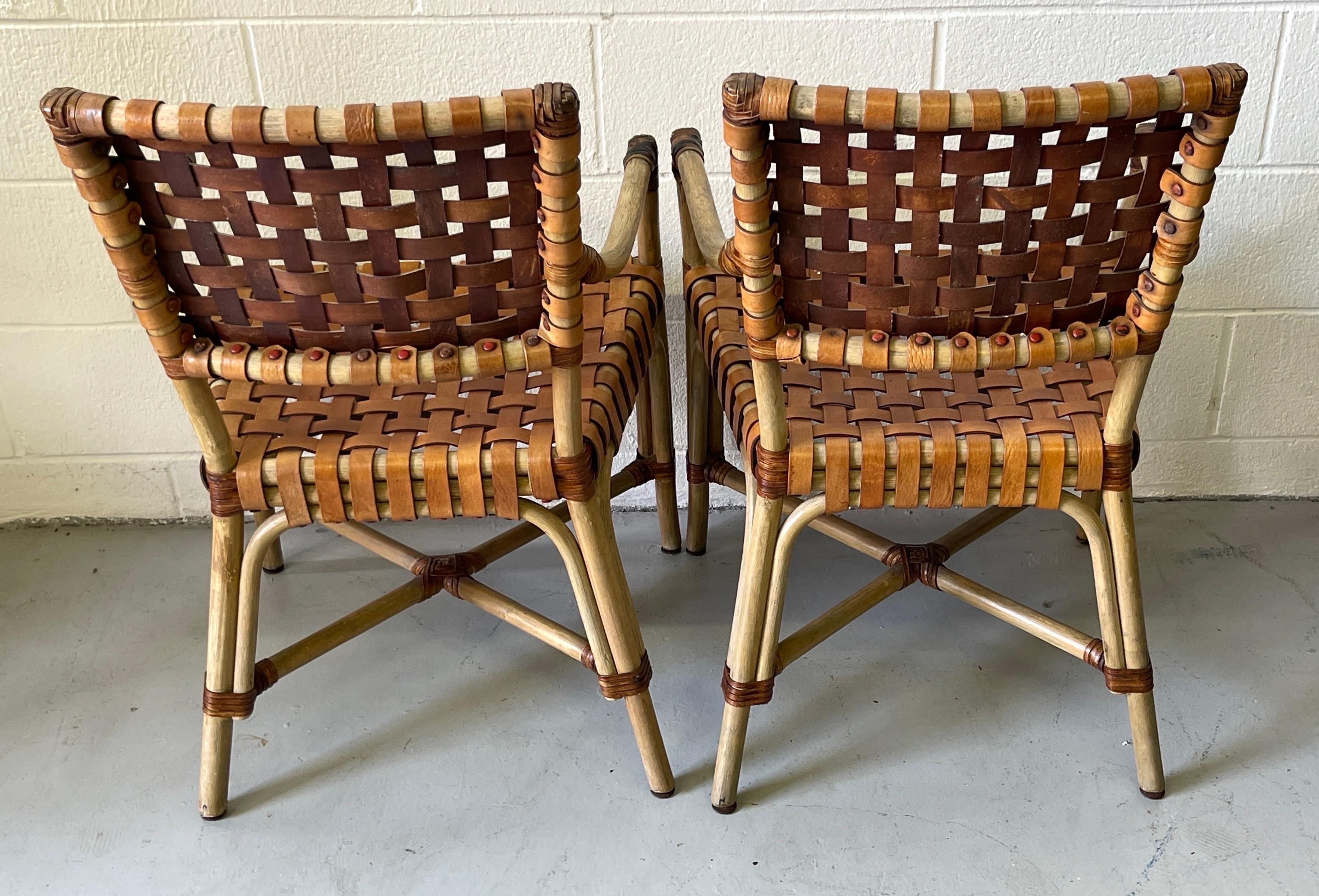 4 French Modern Bleached Bamboo & Woven Saddle Leather Armchairs For Sale 12