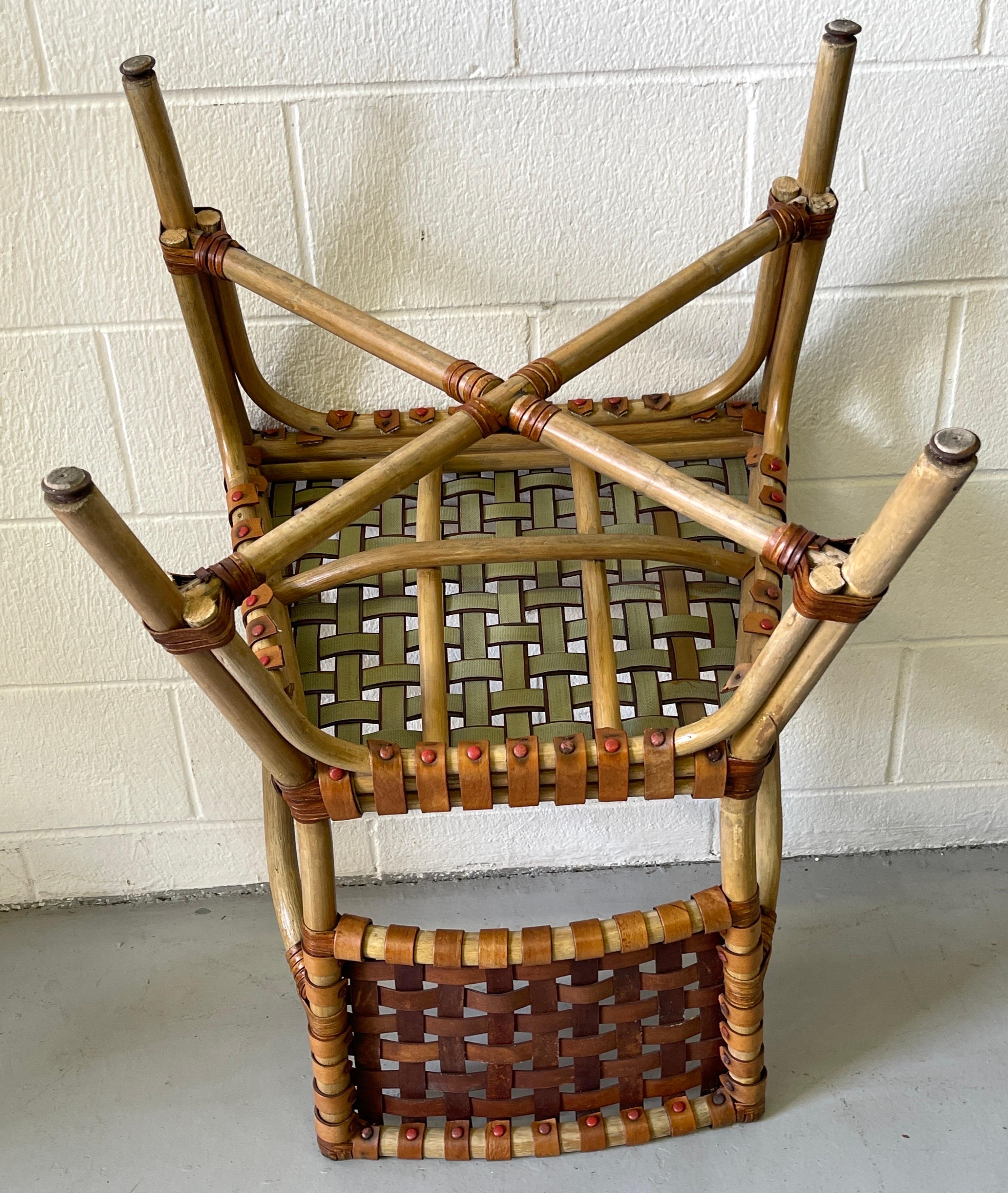 4 French Modern Bleached Bamboo & Woven Saddle Leather Armchairs 15
