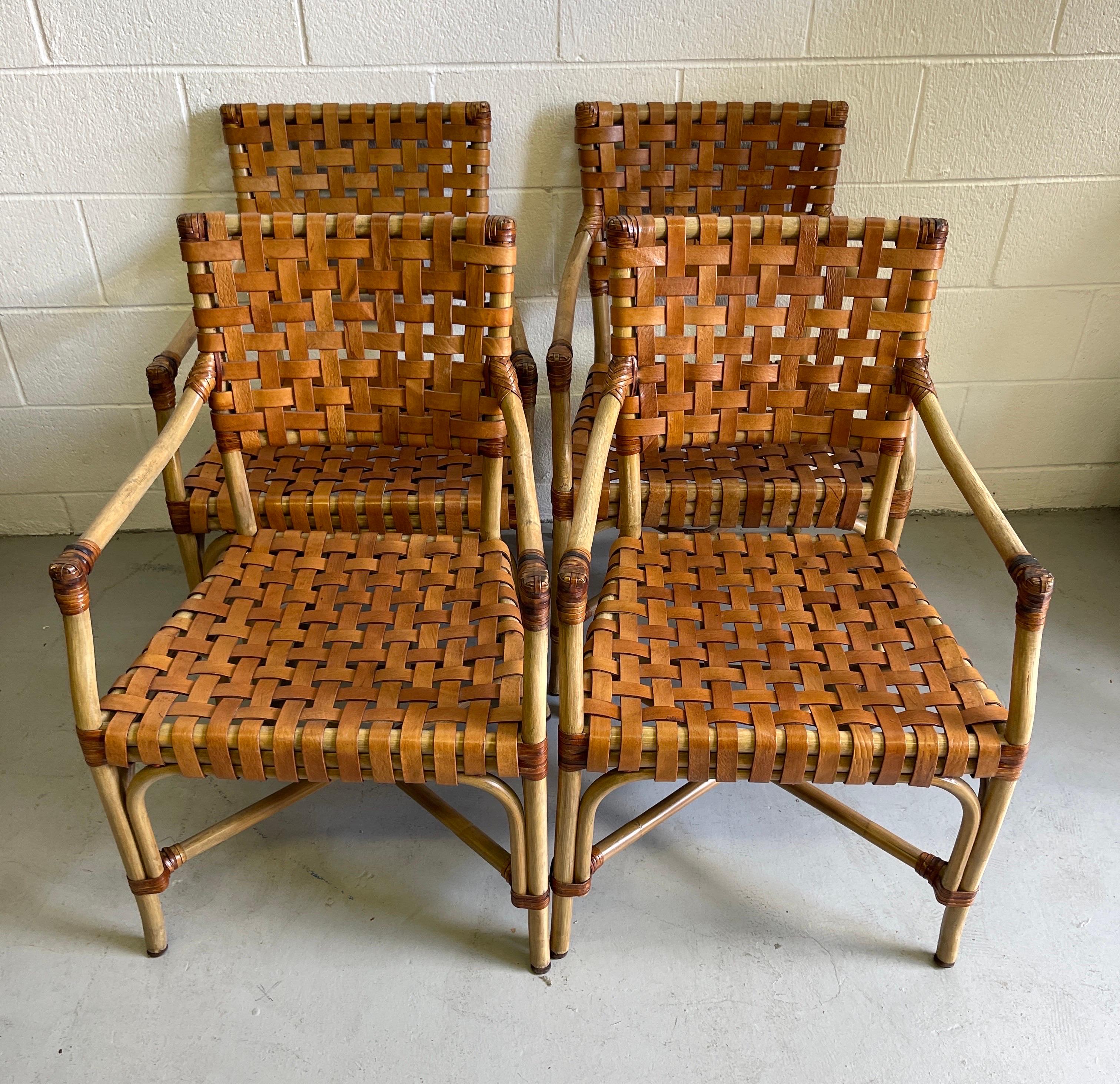 4 French Modern Bleached Bamboo & Woven Saddle Leather Armchairs
France, Circa 1960s


A  rare find, four matching bleached bamboo armchairs with woven 17-Inch x 13-Inch backrests, the woven seat  2i-Inches wide x 17-Inches deep. Beautiful warm