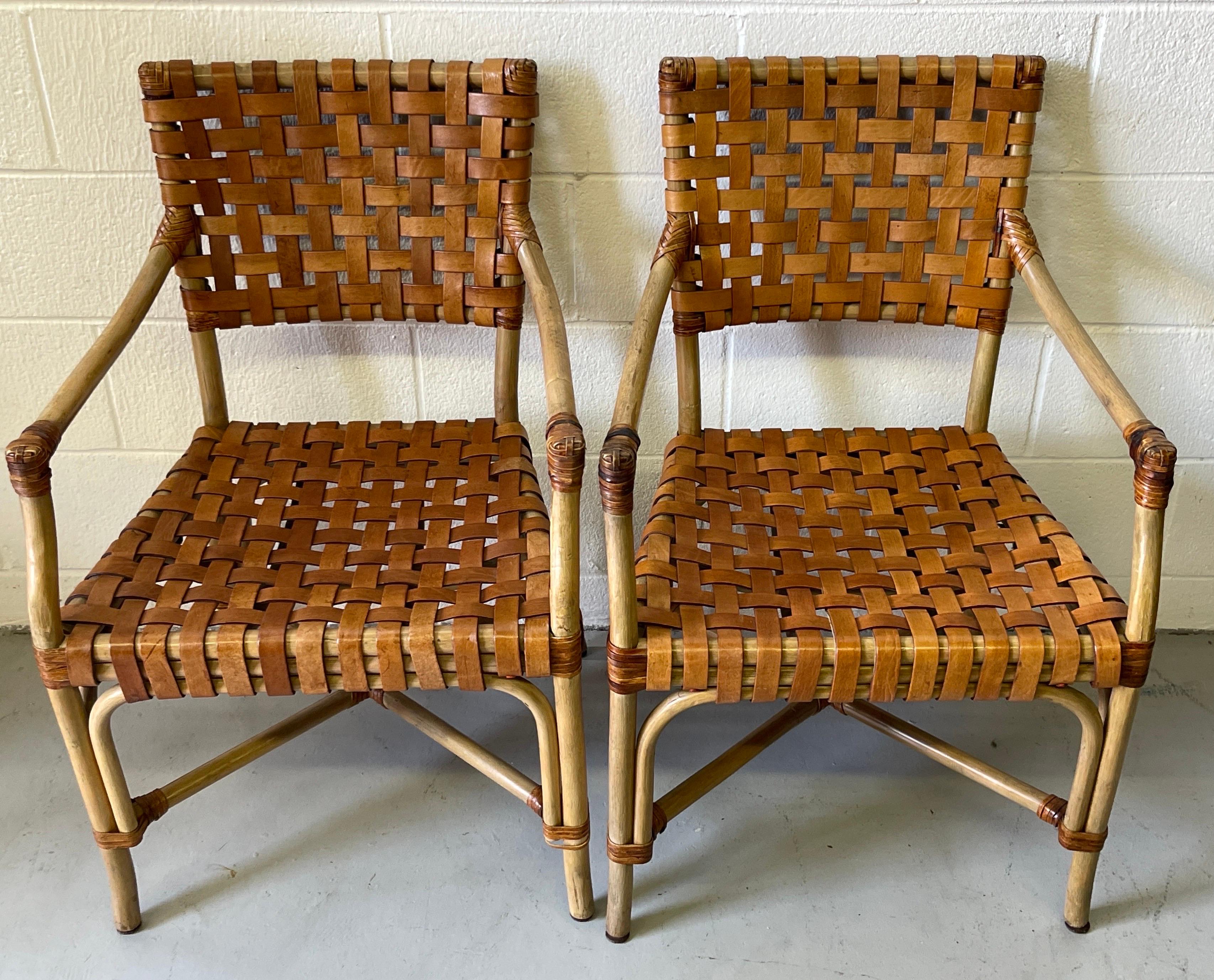 4 French Modern Bleached Bamboo & Woven Saddle Leather Armchairs In Good Condition For Sale In West Palm Beach, FL