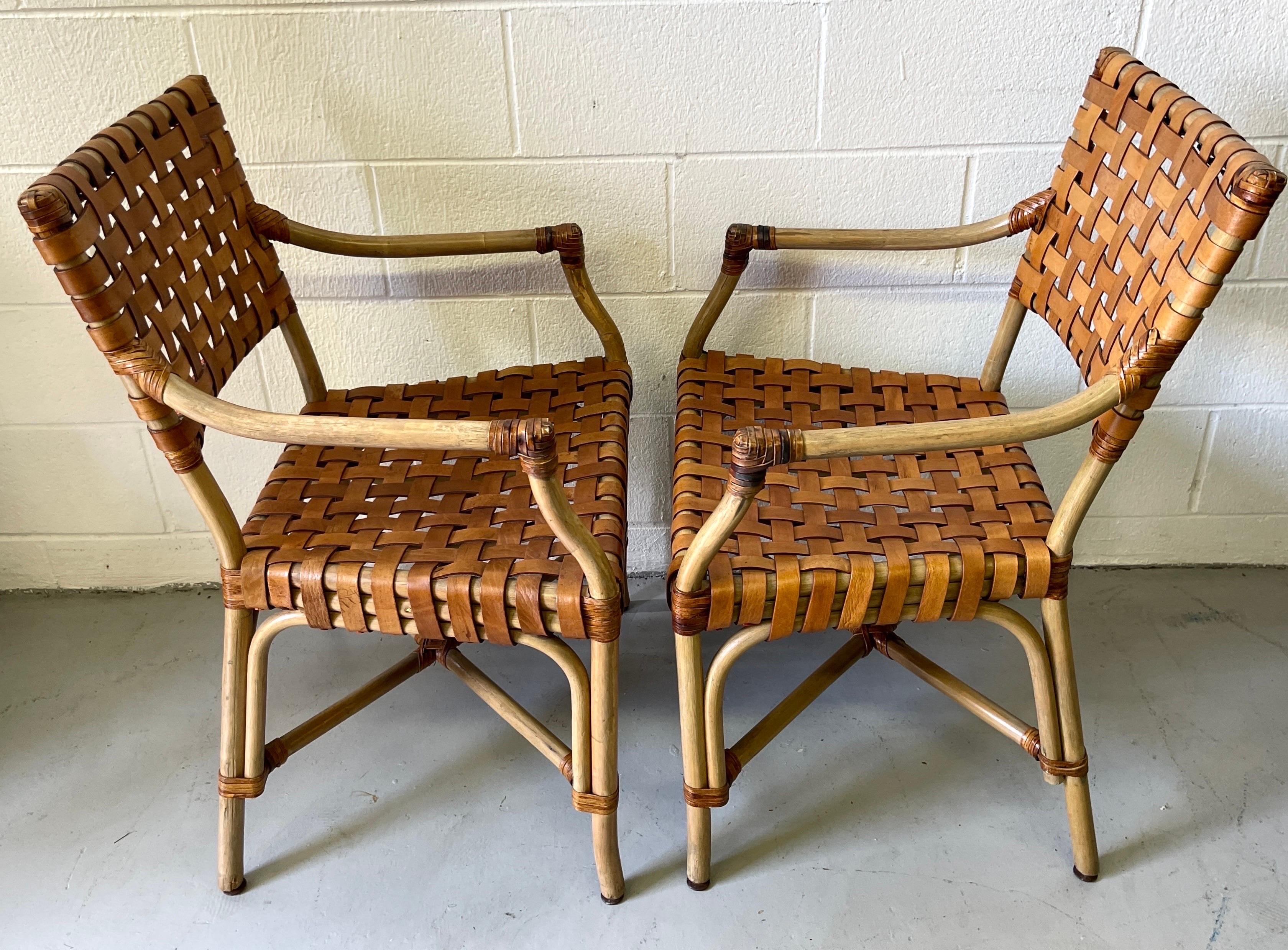 20th Century 4 French Modern Bleached Bamboo & Woven Saddle Leather Armchairs For Sale