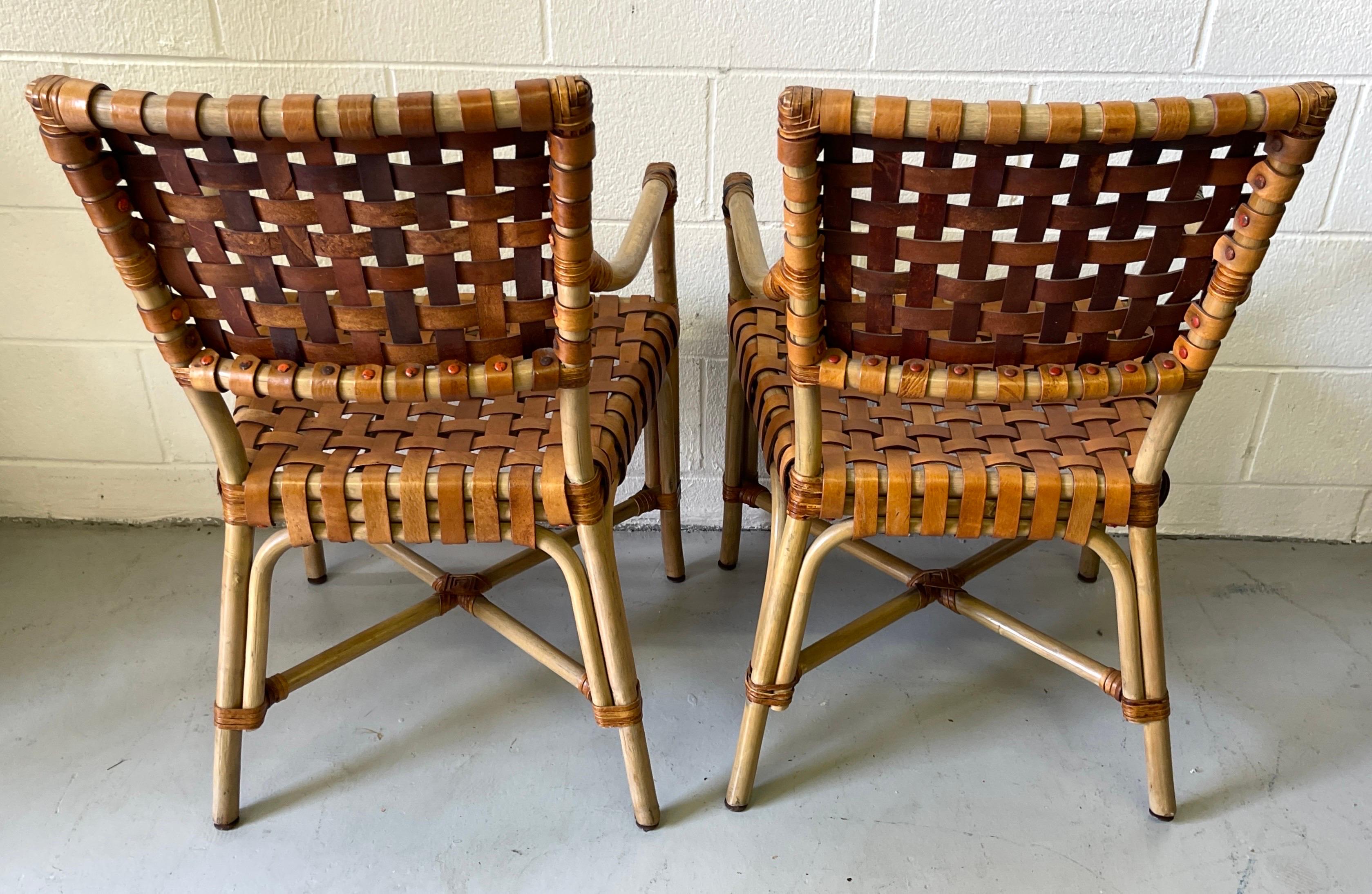 4 French Modern Bleached Bamboo & Woven Saddle Leather Armchairs For Sale 1