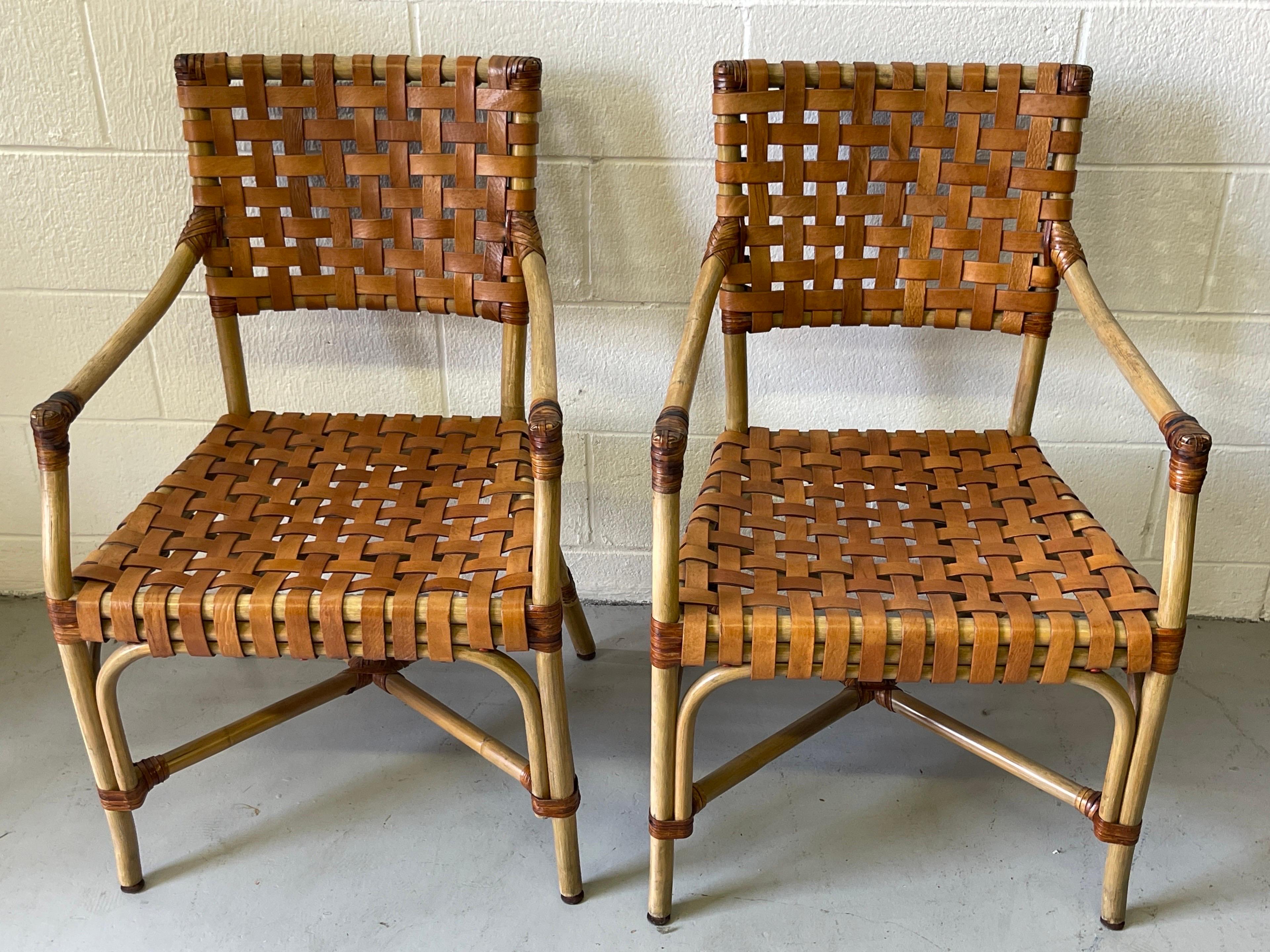 4 French Modern Bleached Bamboo & Woven Saddle Leather Armchairs For Sale 2