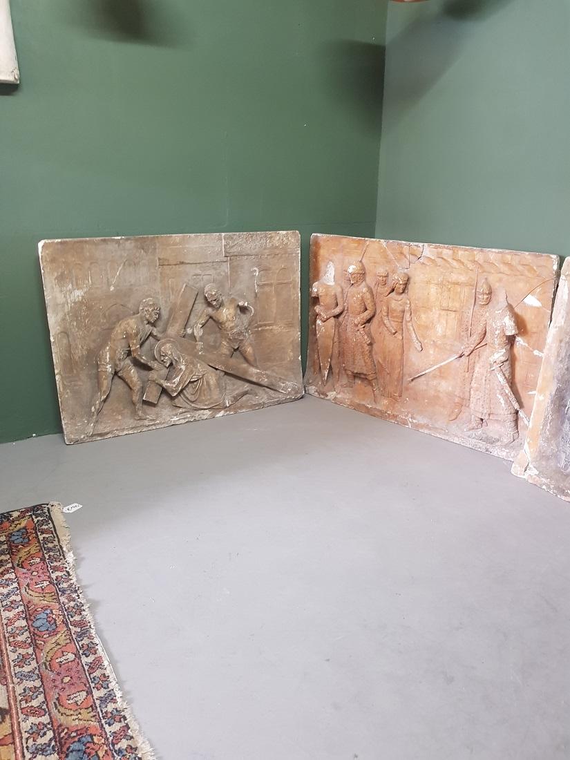 Medieval 4 French Plaster Panels Story of Christ Carry the Cross, 20th Century For Sale