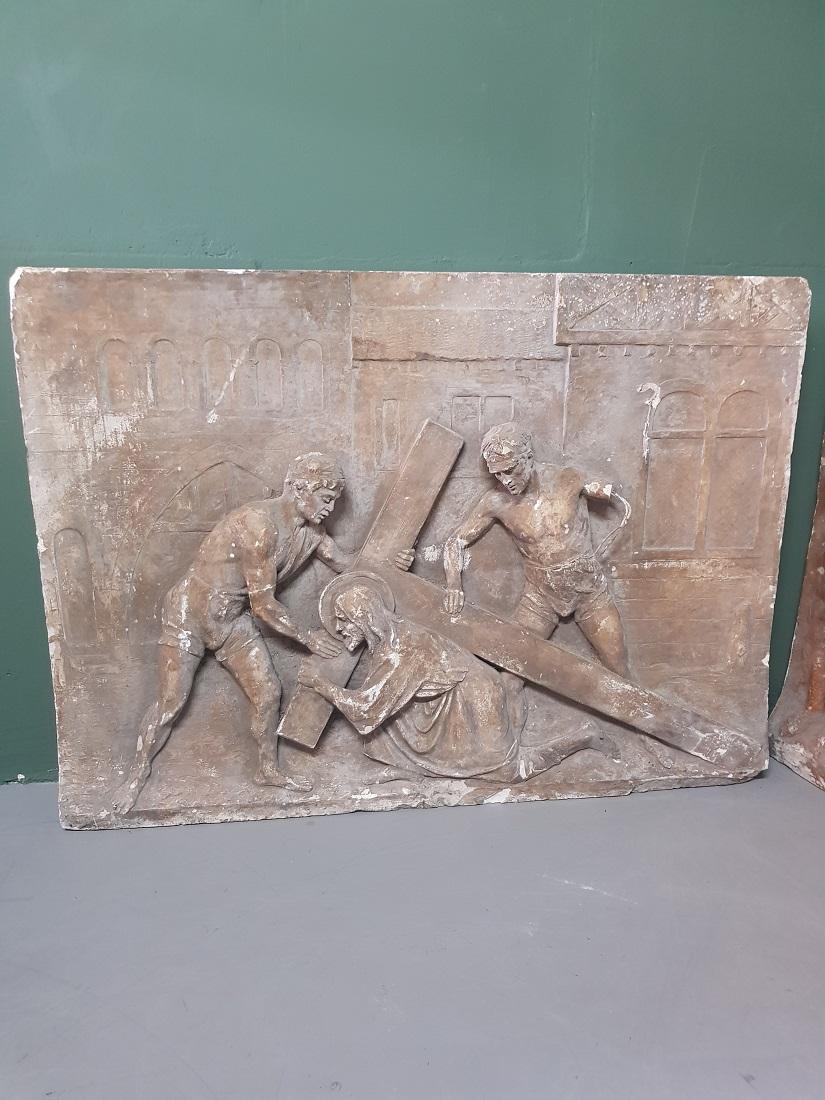 Hand-Crafted 4 French Plaster Panels Story of Christ Carry the Cross, 20th Century For Sale