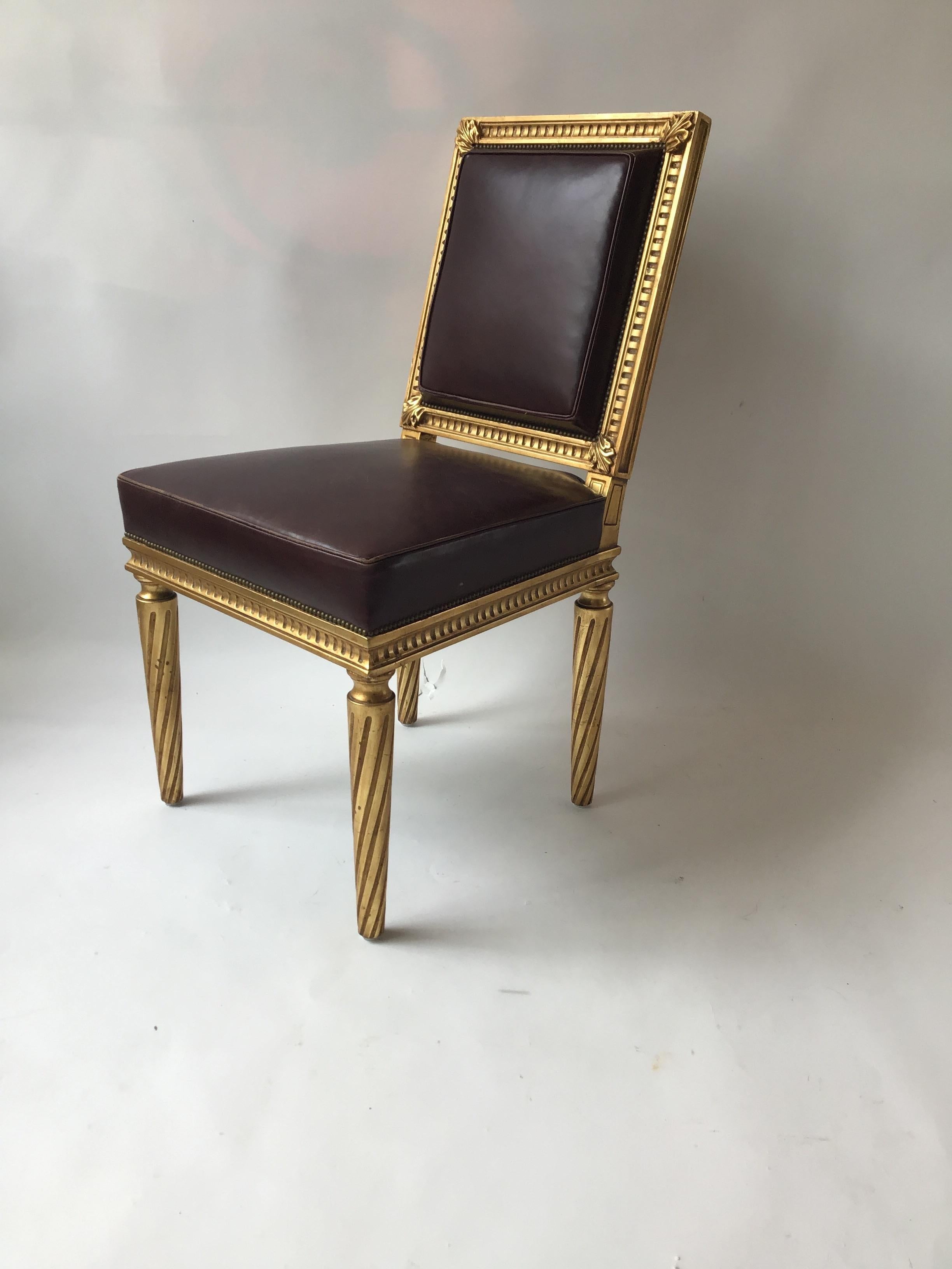 4 French Style Louis XVI Giltwood/ Leather Dining Chairs In Good Condition In Tarrytown, NY