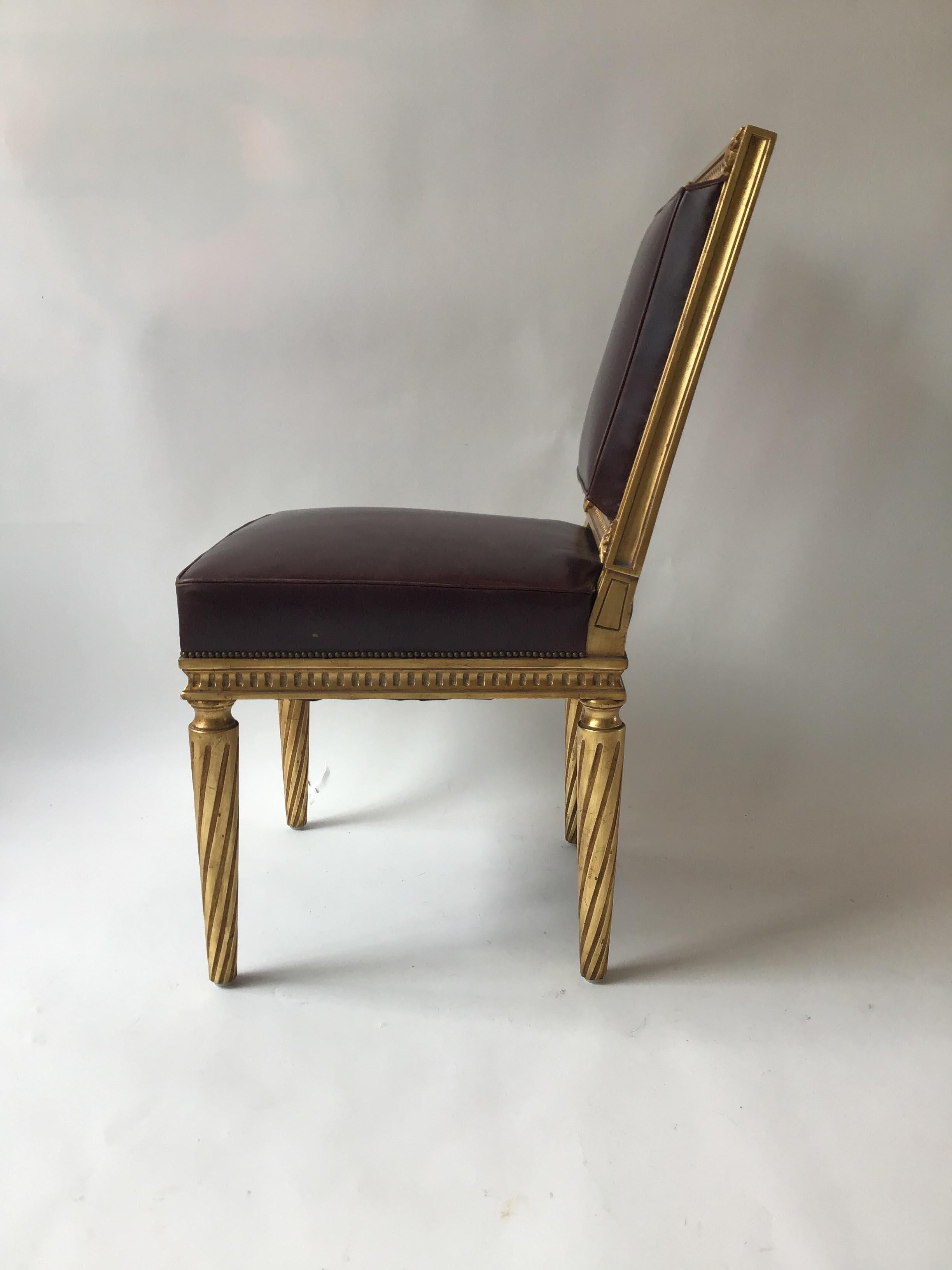 Late 20th Century 4 French Style Louis XVI Giltwood/ Leather Dining Chairs