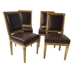 4 French Style Louis XVI Giltwood/ Leather Dining Chairs