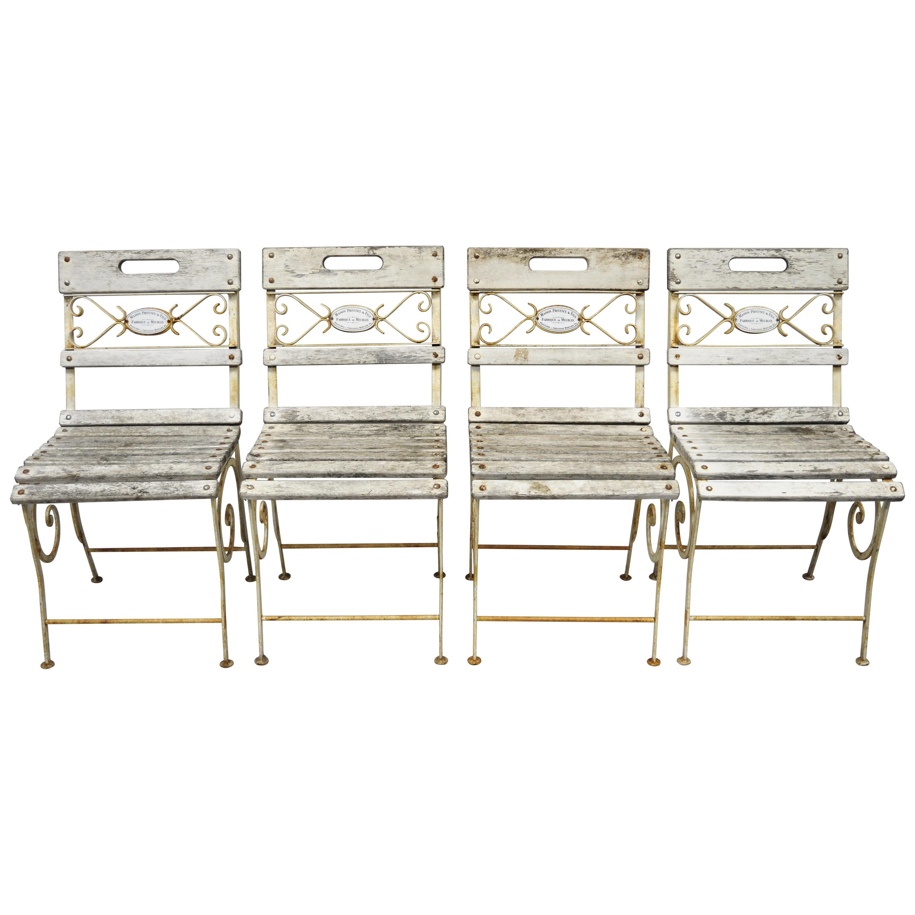 4 French Wrought Iron Wooden Slat Seat Garden Chairs by Maison Provence & Fils