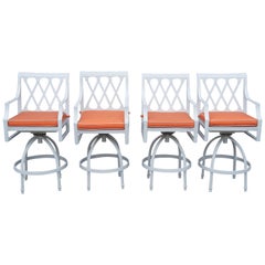 4 Frontgate Grayson Swivel Bar Stools White Aluminum Lattice Design Orange Seat