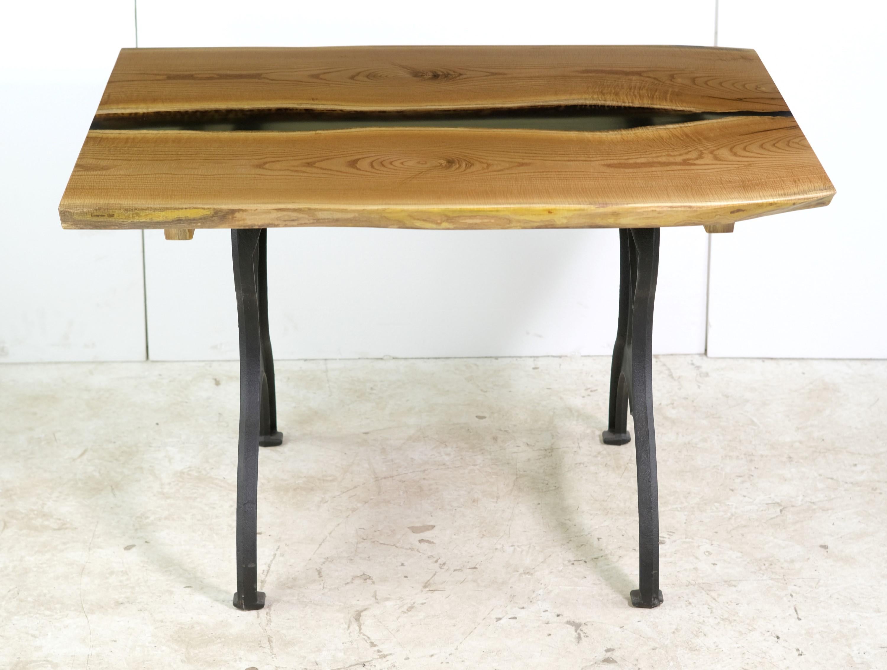 Cast 4 ft Solid Hickory Live Edge Dining Table Resin Brooklyn Legs  For Sale