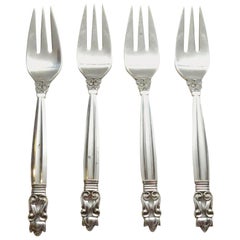 4 Georg Jensen Acorn Sterling Silver 3 Tine Fish Forks