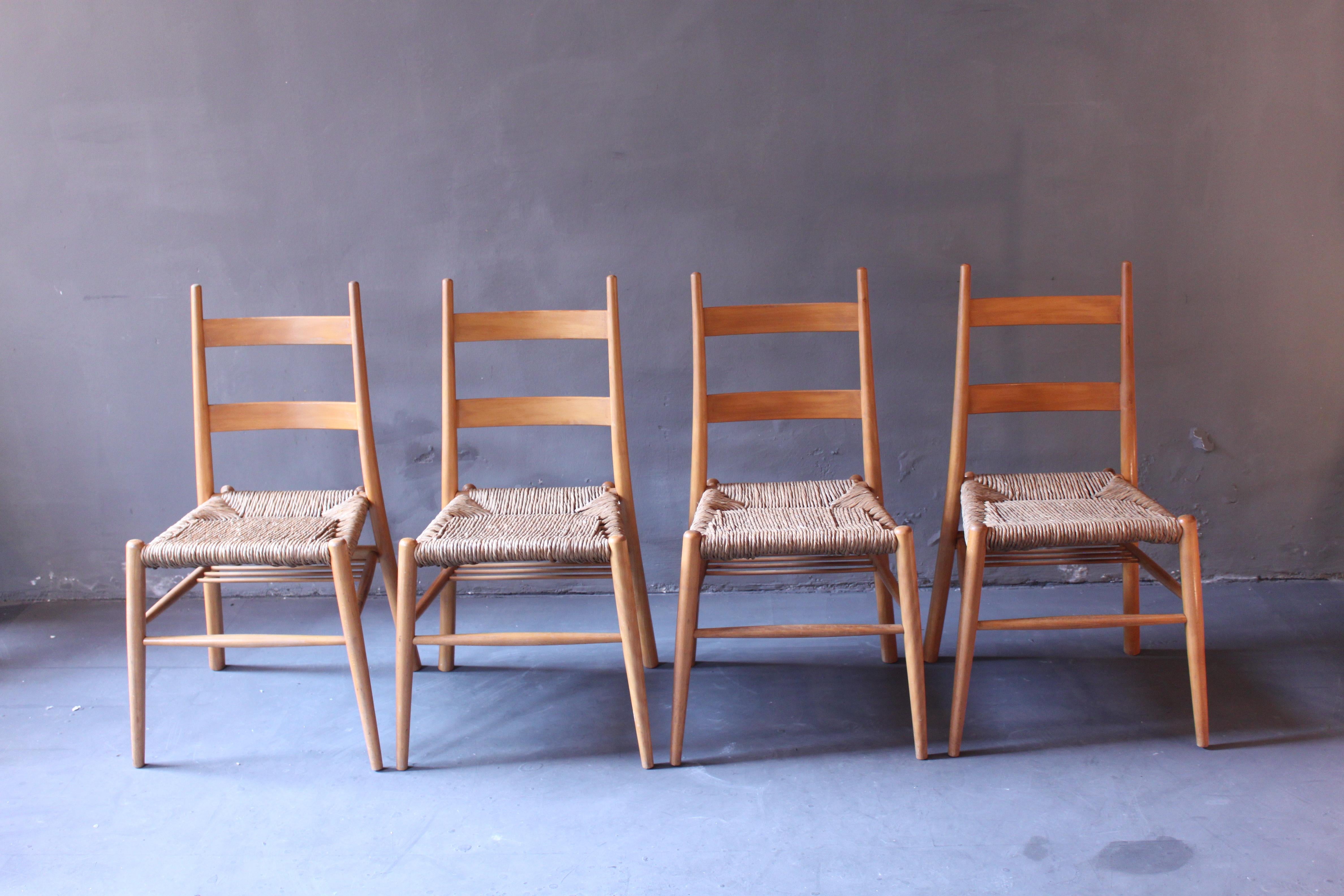 Mid-Century Modern 4 German Wicker Chairs from a Protestant Church in Bavaria, ca. 1956, brown For Sale