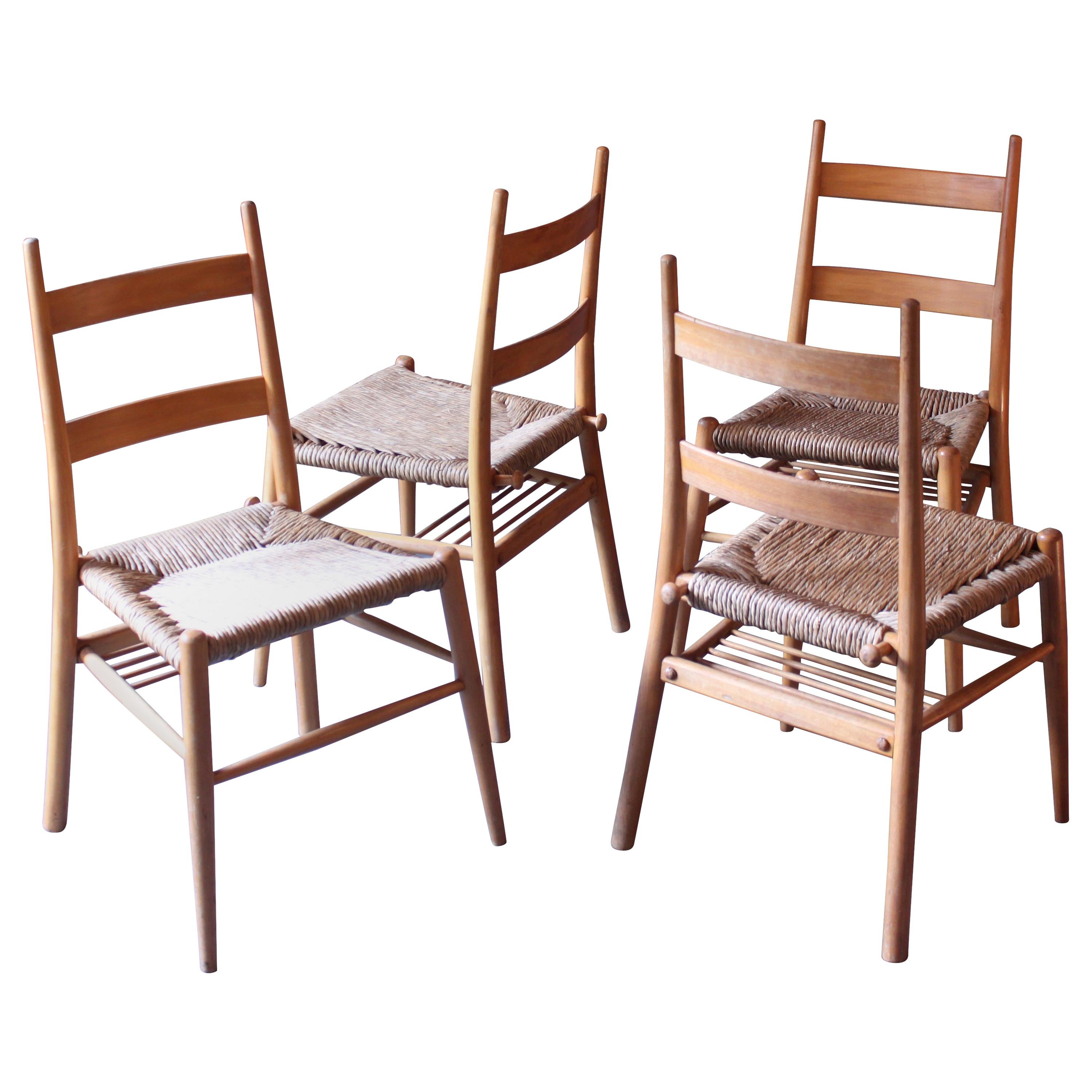 4 German Wicker Chairs from a Protestant Church in Bavaria, ca. 1956, brown For Sale