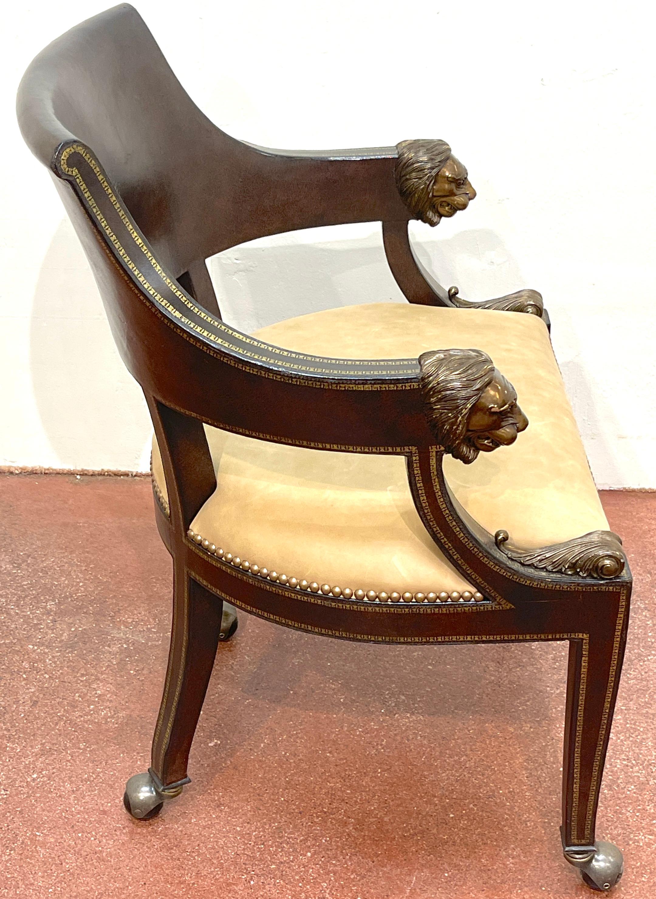 4 Gilt Leather Tooled Bronze Lion Head Armchairs on Castors, By Maitland-Smith For Sale 5
