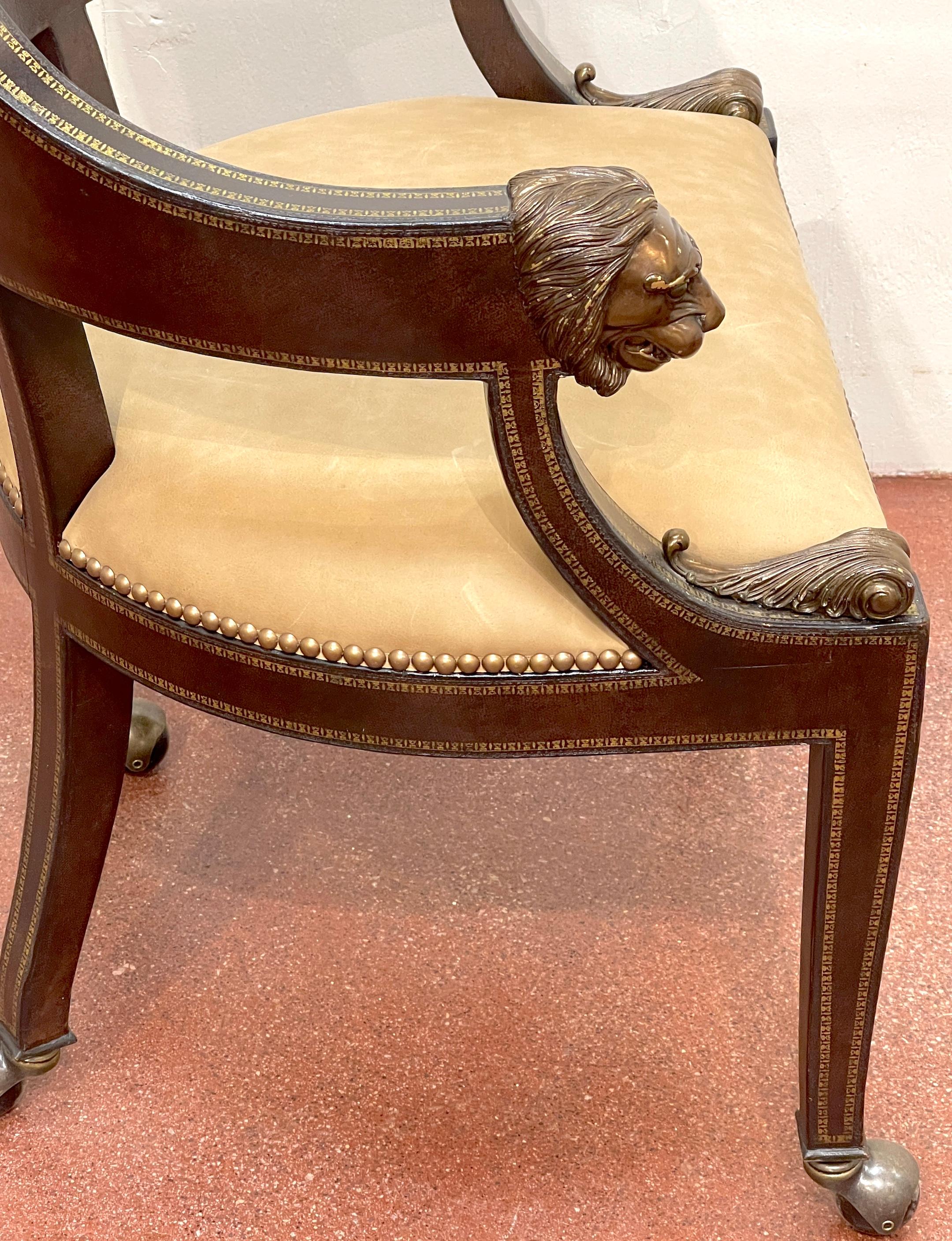 4 Gilt Leather Tooled Bronze Lion Head Armchairs on Castors, By Maitland-Smith For Sale 6