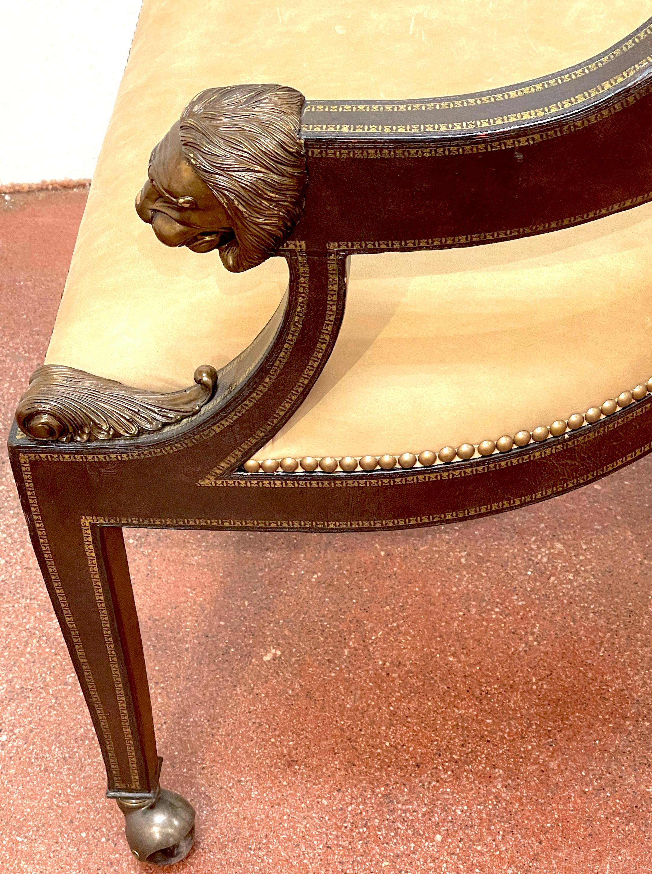 4 Gilt Leather Tooled Bronze Lion Head Armchairs on Castors, By Maitland-Smith For Sale 9