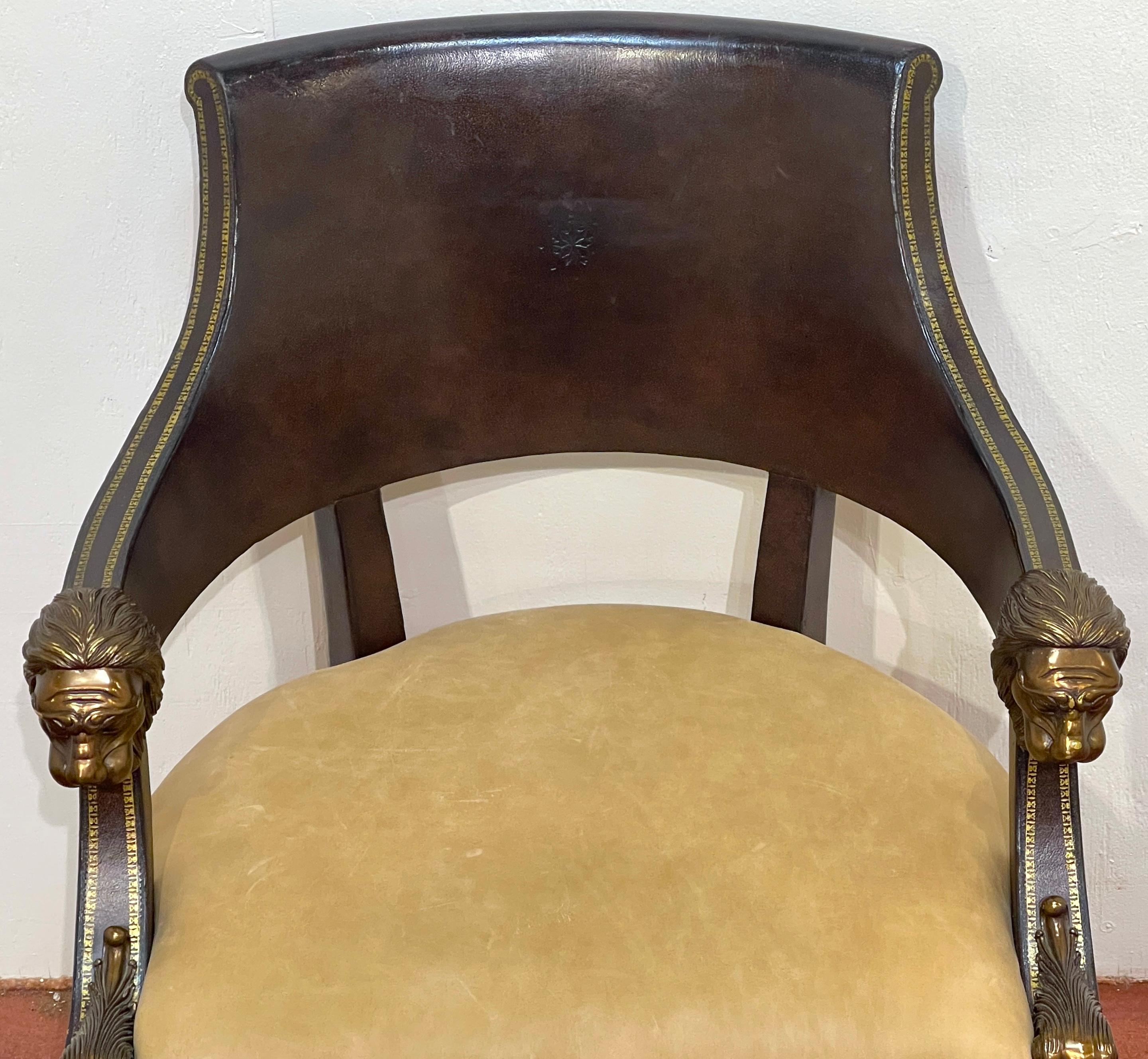 4 Gilt Leather Tooled Bronze Lion Head Armchairs on Castors, By Maitland-Smith For Sale 10