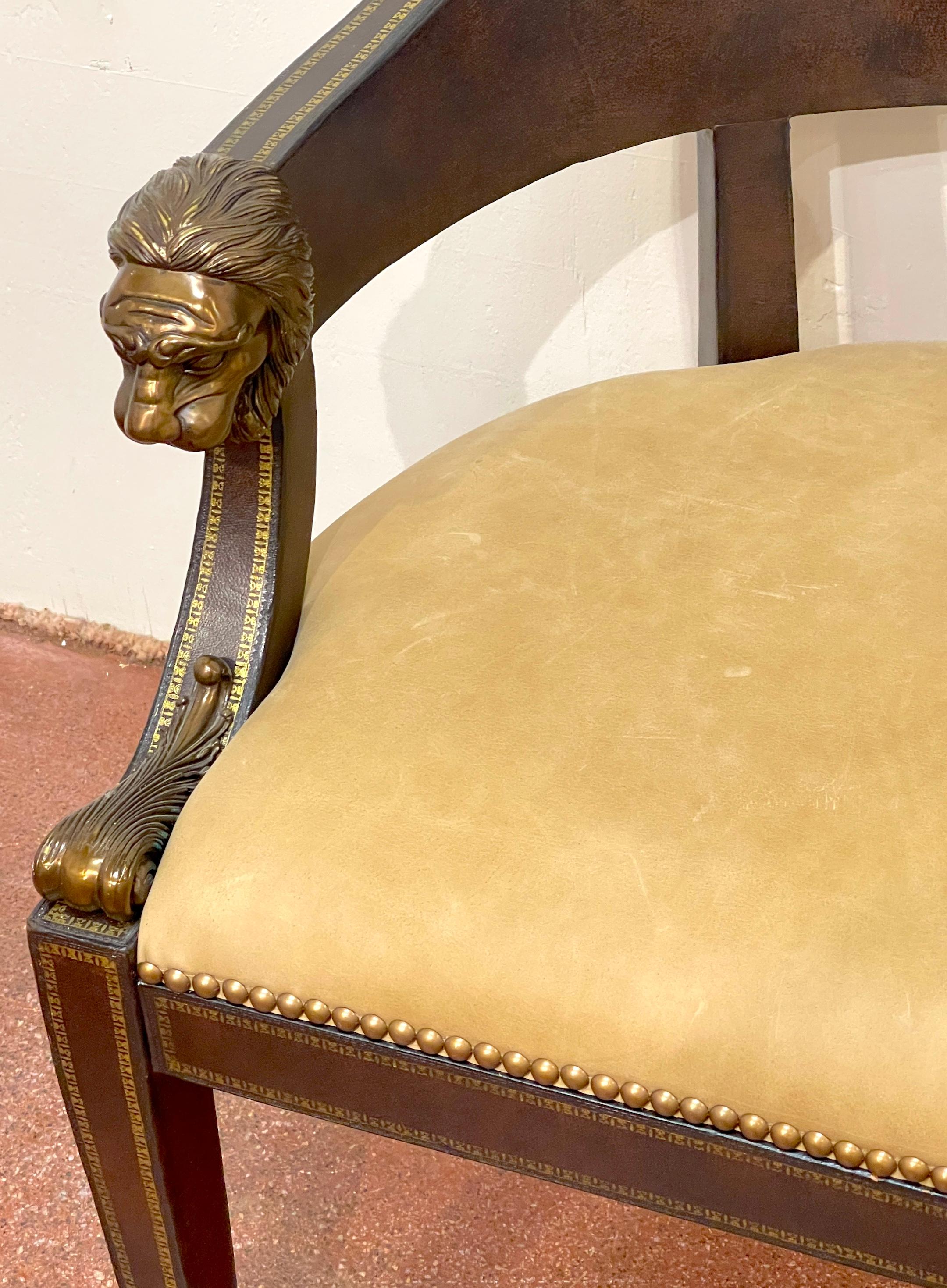 4 Gilt Leather Tooled Bronze Lion Head Armchairs on Castors, By Maitland-Smith For Sale 11