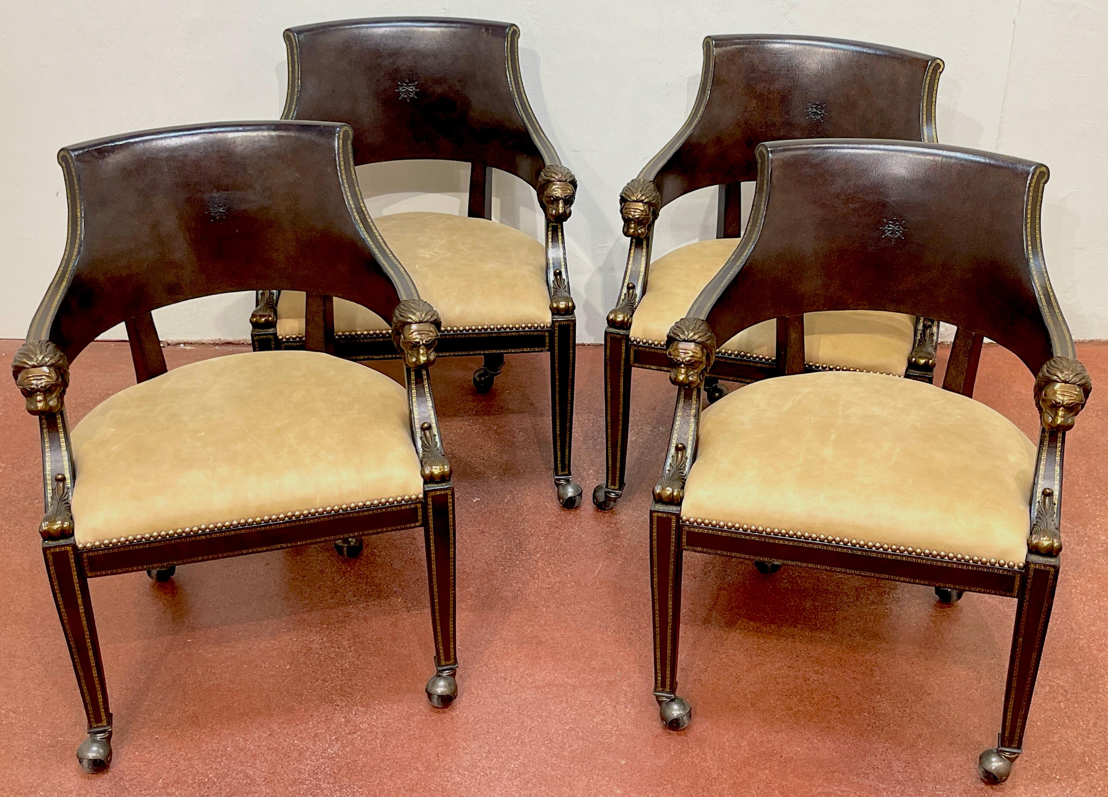 4 Gilt Leather Tooled Bronze Lion Head Armchairs on Castors, By Maitland-Smith For Sale 12