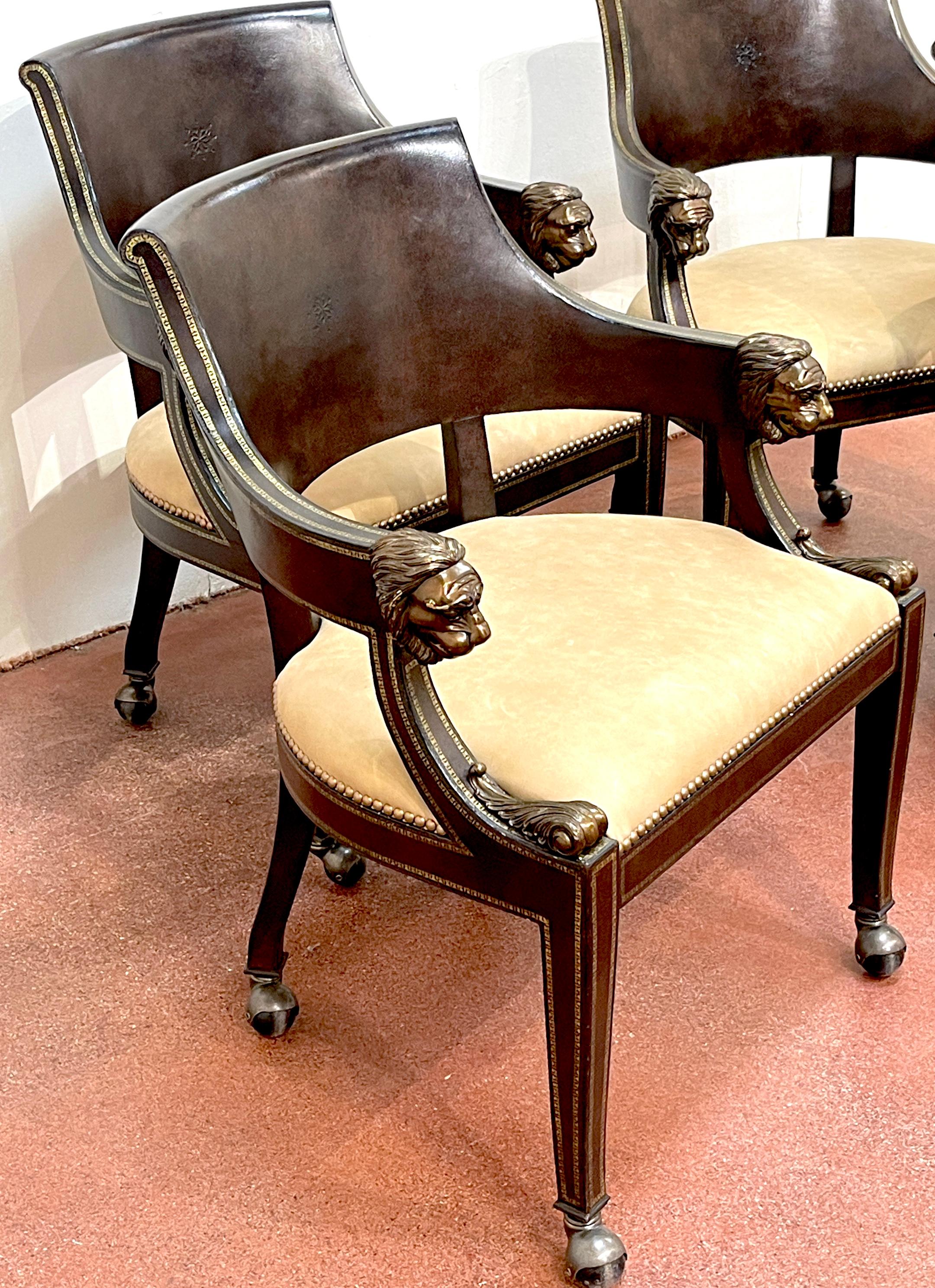 Neoclassical 4 Gilt Leather Tooled Bronze Lion Head Armchairs on Castors, By Maitland-Smith For Sale