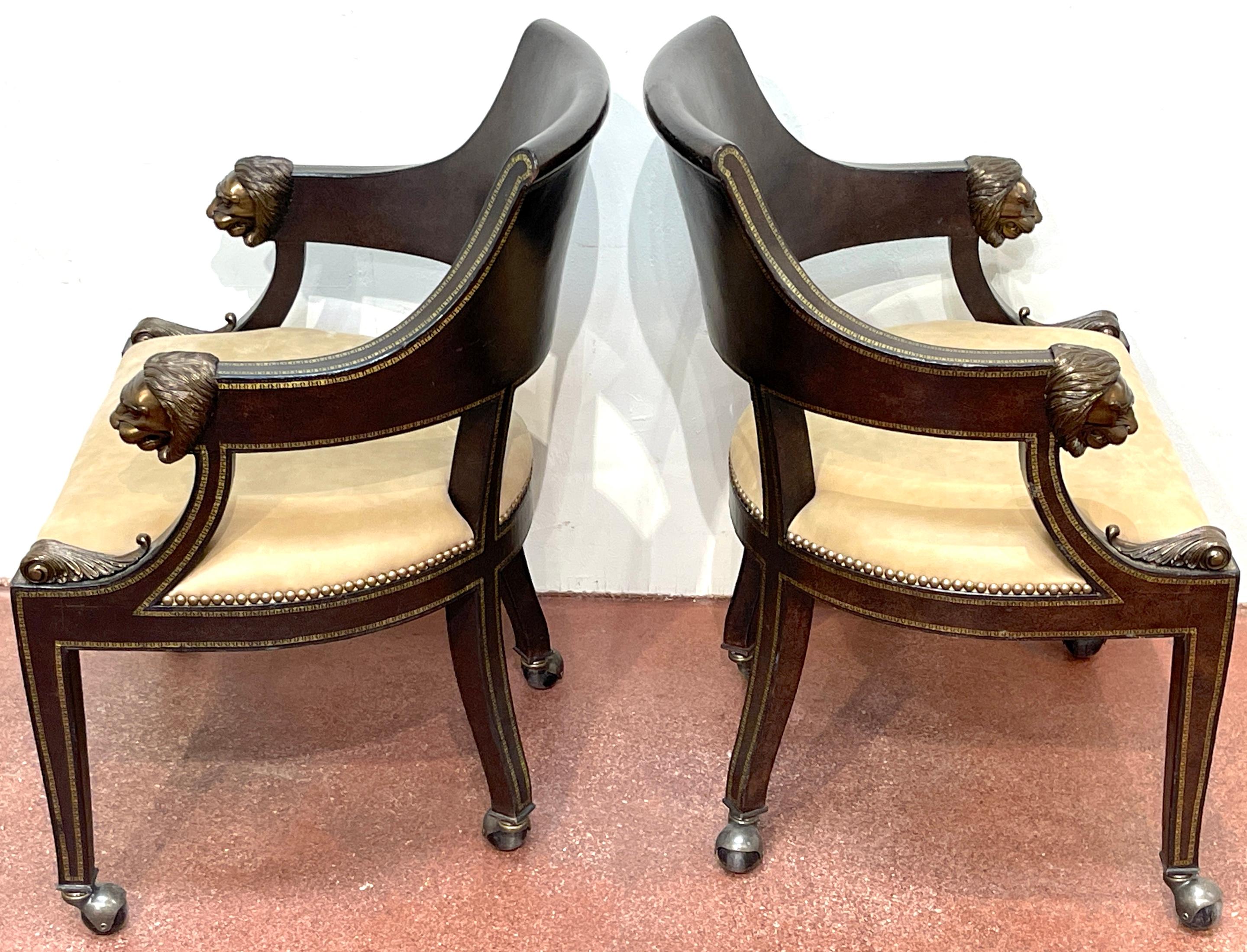4 Gilt Leather Tooled Bronze Lion Head Armchairs on Castors, By Maitland-Smith In Good Condition For Sale In West Palm Beach, FL